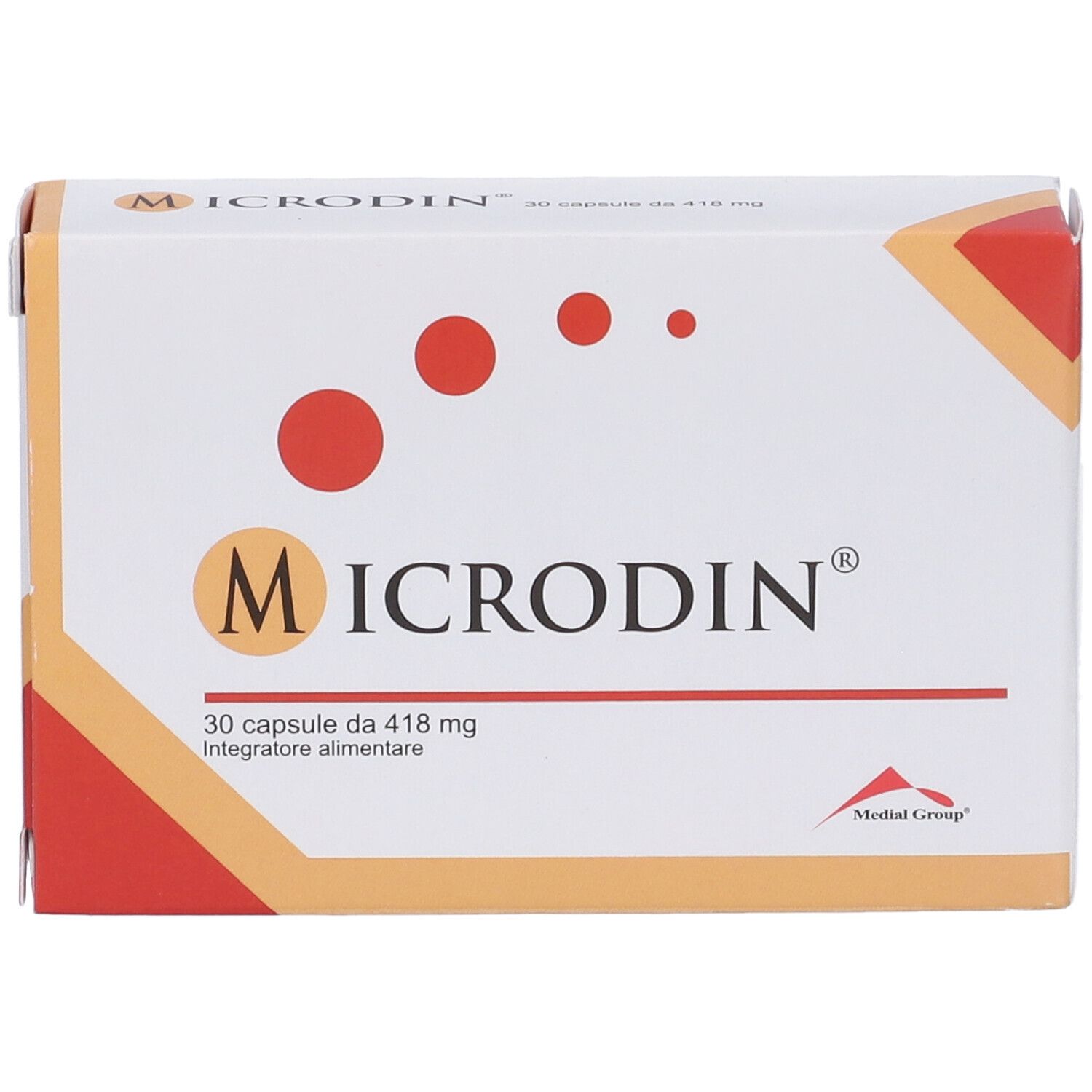 Scatola "Microdin" con logo, 30 capsule. Punti rossi e accenti arancioni. "Integratore alimentare" sotto.
