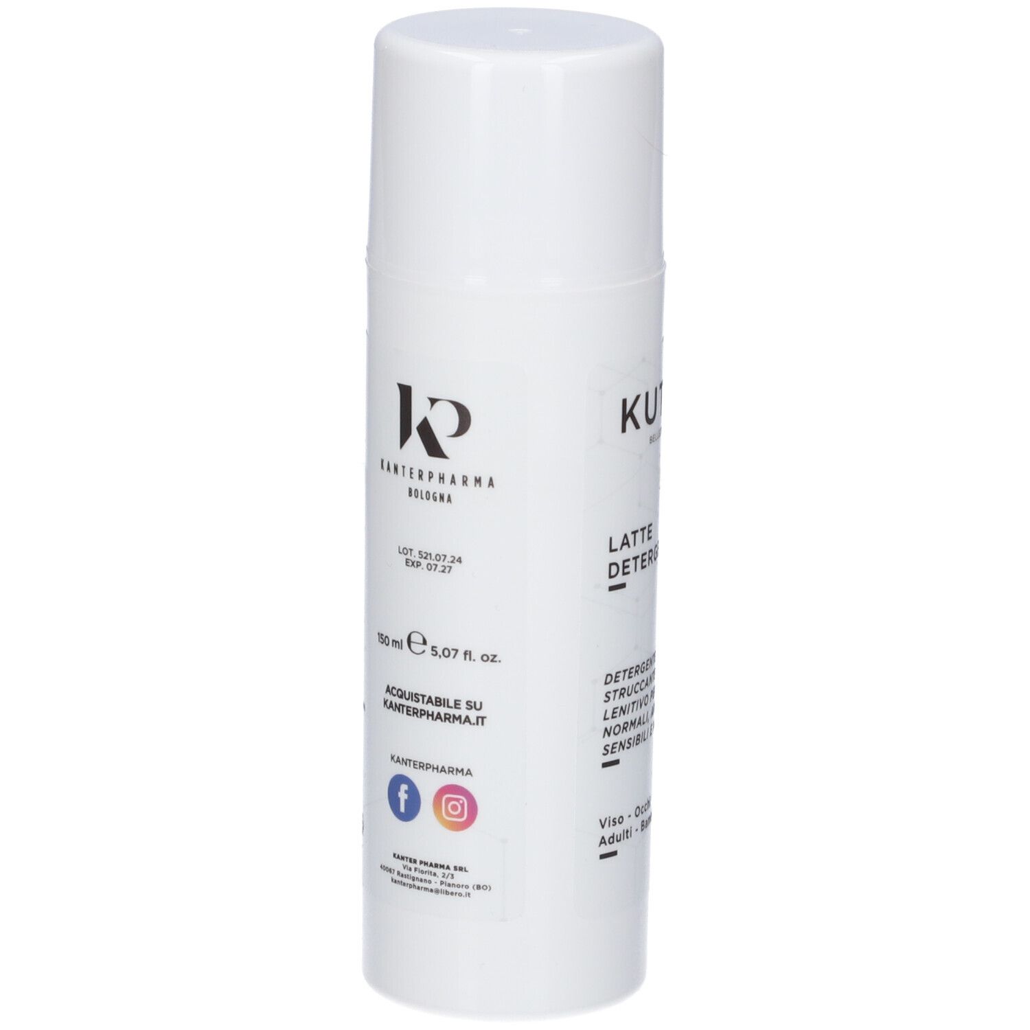 Flacone bianco con tappo. Scritta: KUTISEN, LATTE DETERGENTE. Logo KANTIERPHARMA. Testo: 150 ml, acquista su kanterpharma.it.