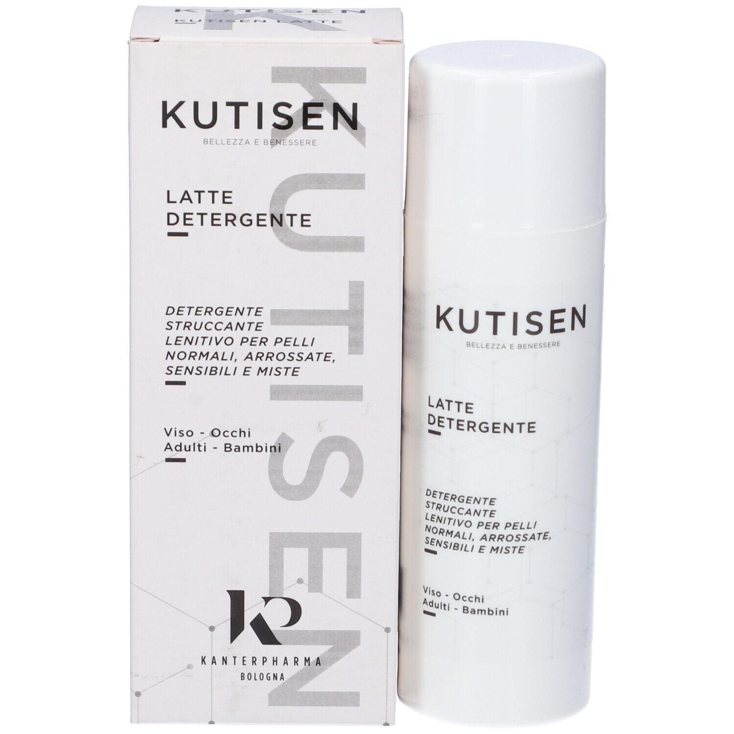 Confezione e flacone del prodotto. Scritta: KUTISEN, LATTE DETERGENTE. Testo per pelli normali, arrossate, sensibili e miste.