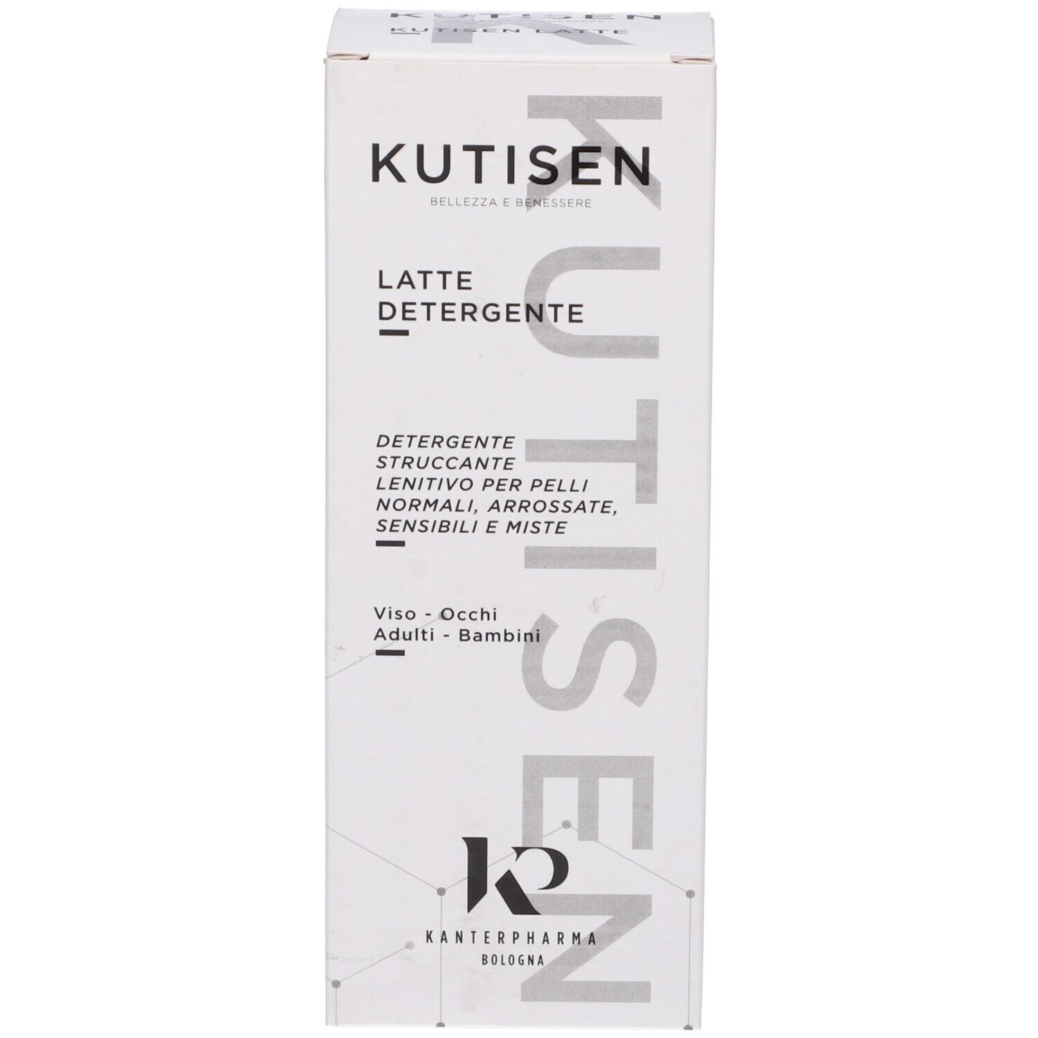 Confezione del prodotto. Scritta: KUTISEN, LATTE DETERGENTE. Testo per pelli normali, arrossate, sensibili e miste. Logo KANTIERPHARMA.