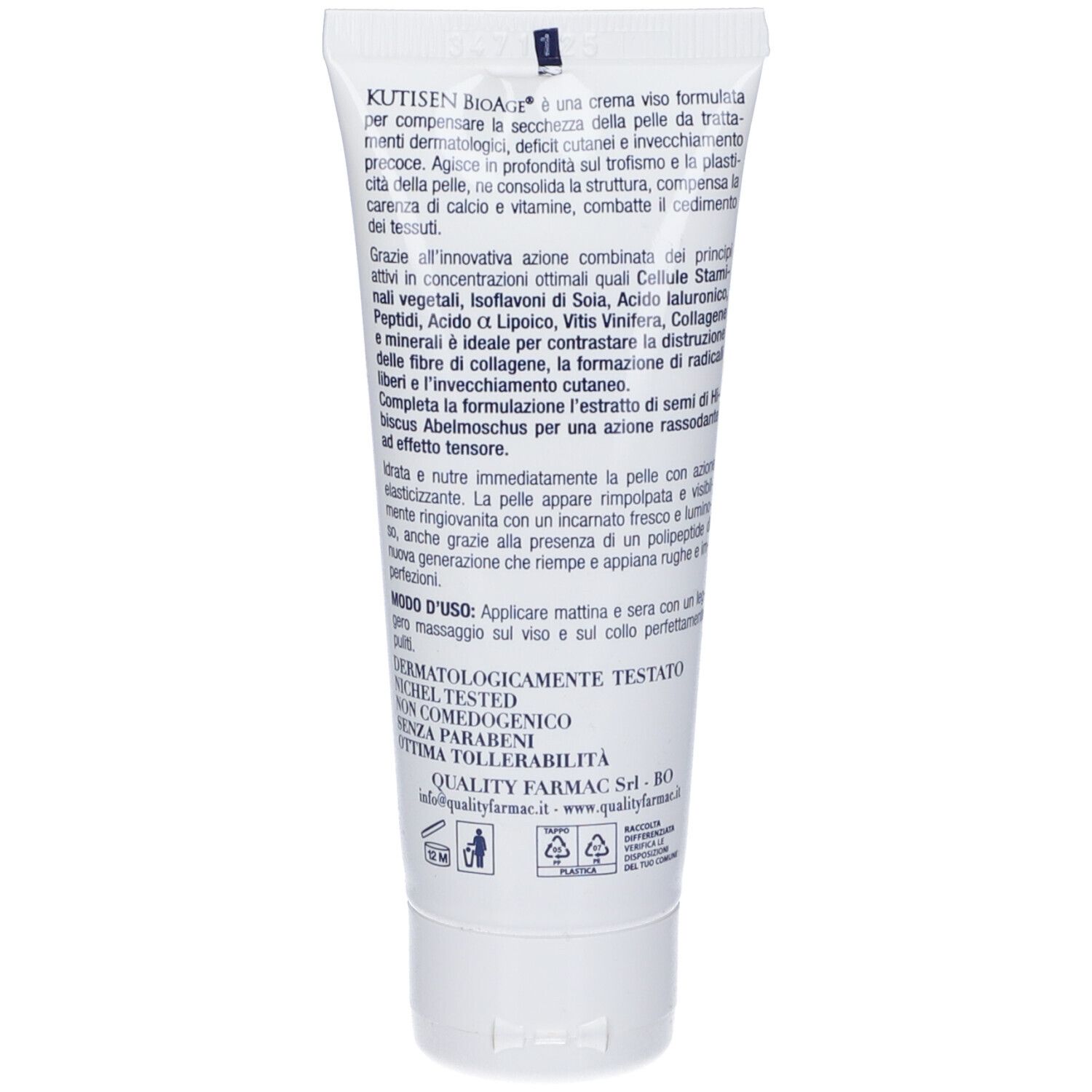 Retro del tubo crema con testo. Dermatologicamente testato. Senza parabeni.