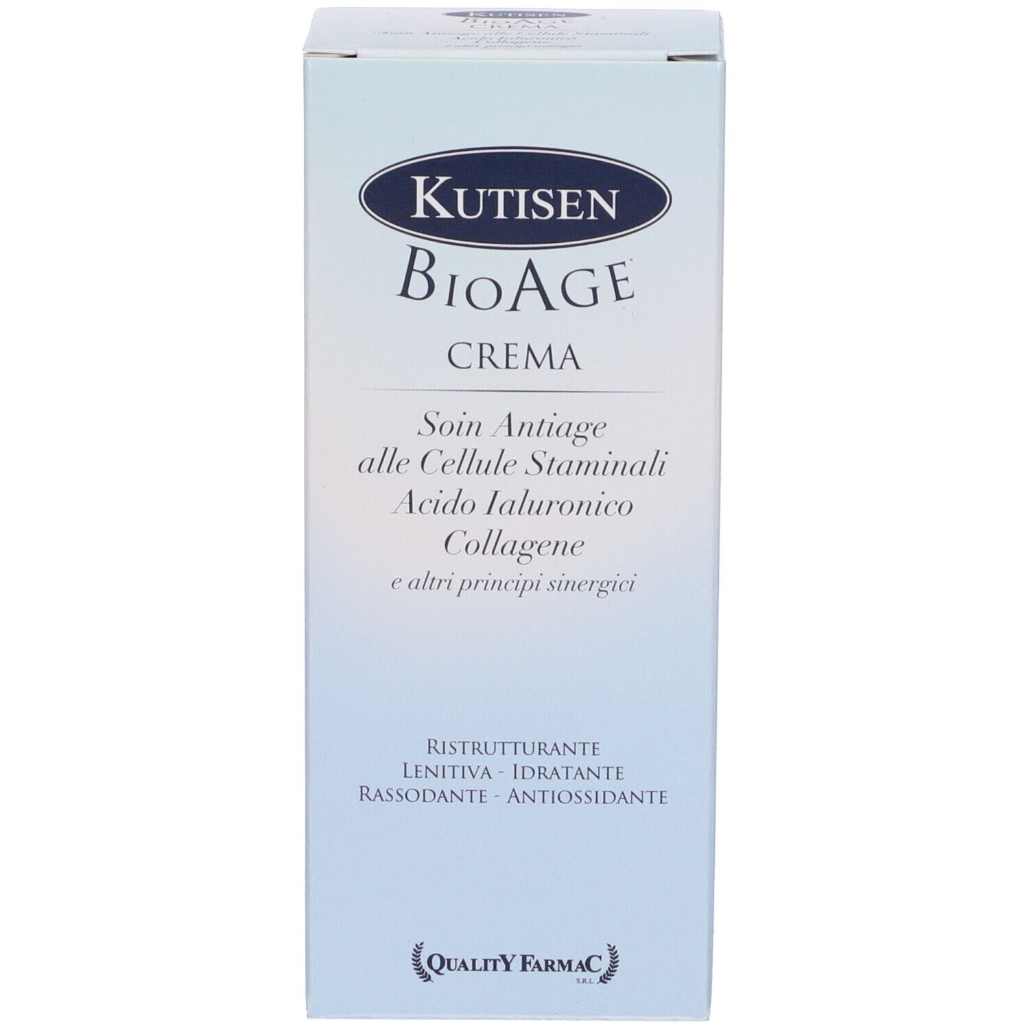 Confezione prodotto con nome e ingredienti. Azzurro.