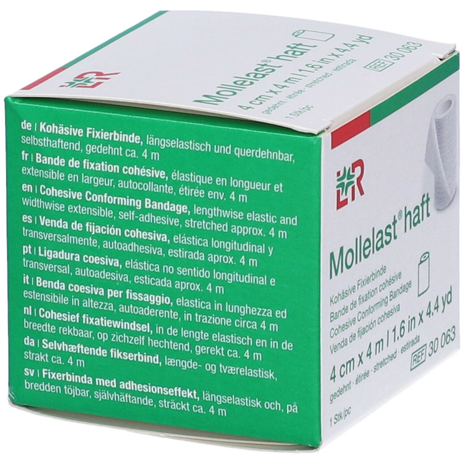 Scatola con testo: Mollelast haft, 4 cm x 4 m, 1.6 in x 4.4 yd. Informazioni multilingue.