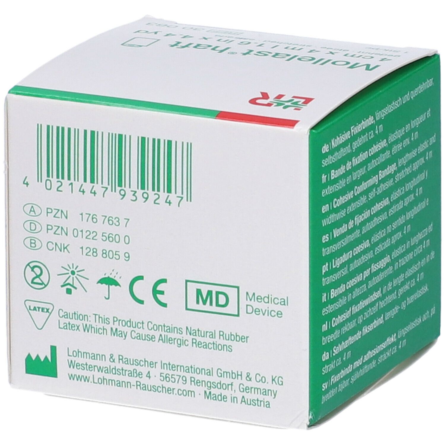Retro della scatola. Codice a barre, avvertenza: Contiene gomma naturale, può causare reazioni allergiche. CE.