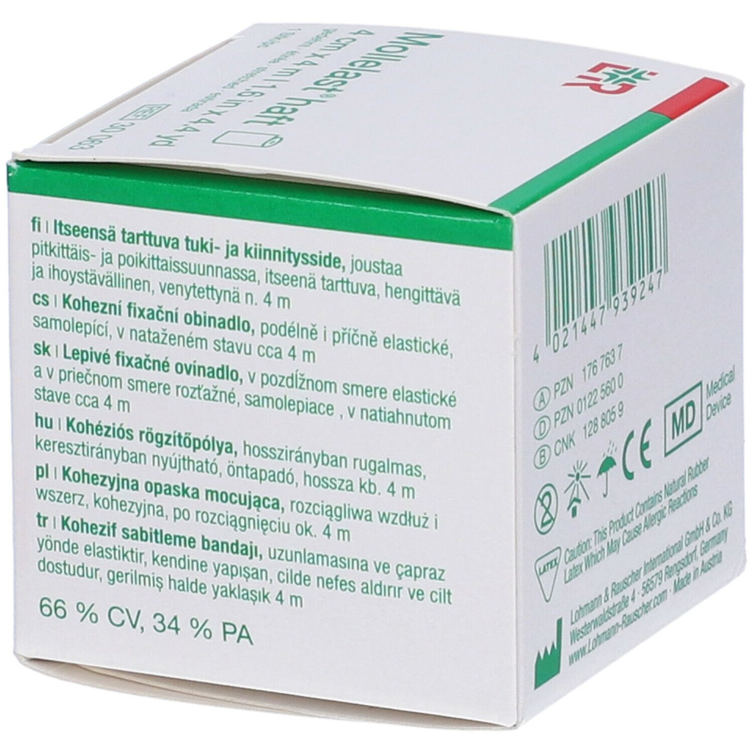 Retro della scatola con testo multilingue. Contiene gomma naturale, può causare reazioni allergiche. CE.