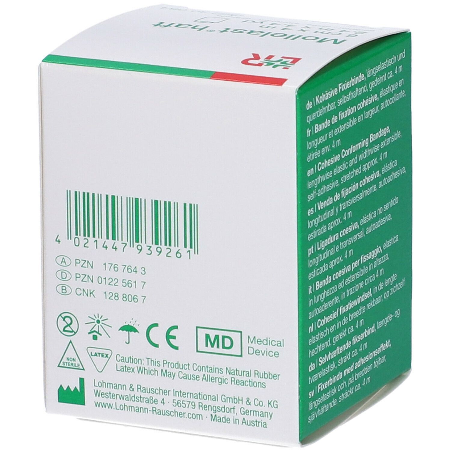 Retro della scatola con codice a barre, marchio CE e informazioni sul produttore. Include anche il simbolo MD per i dispositivi medici.