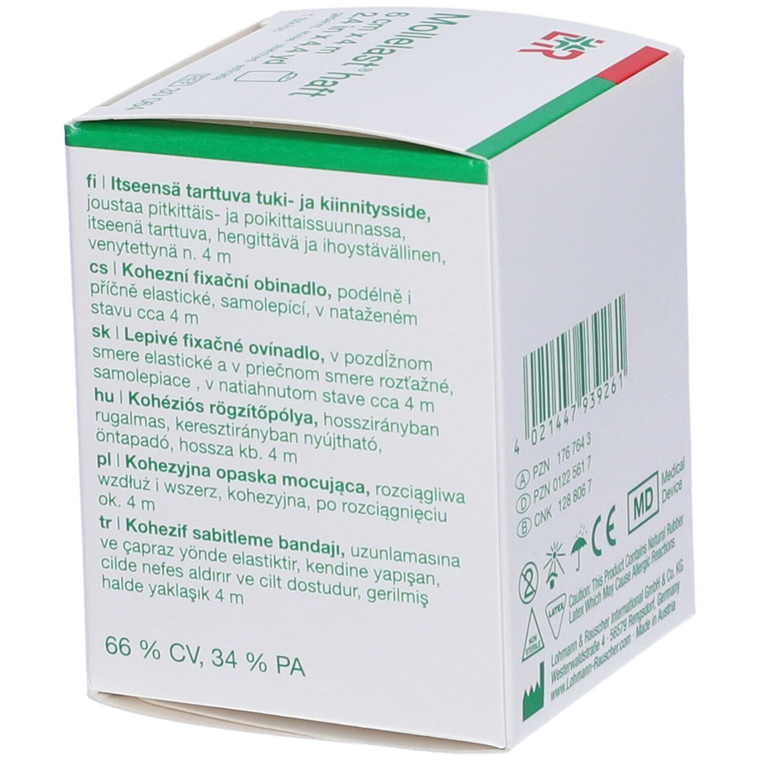 Scatola con informazioni sul prodotto in diverse lingue. Include anche codice a barre e informazioni sul produttore. Il prodotto è un dispositivo medico.
