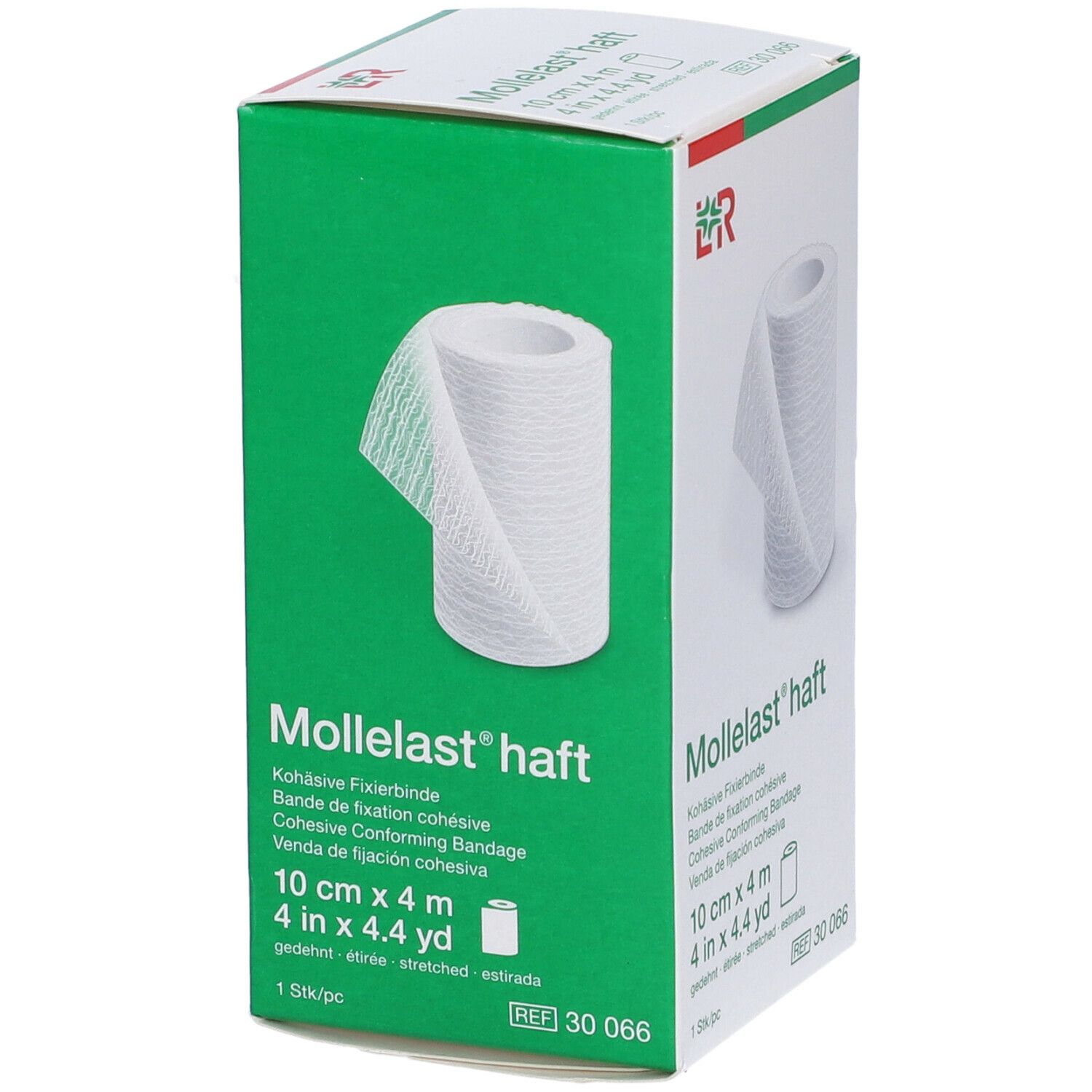 Confezione di LR Mollelast® haft. Benda coesiva bianca, 10 cm x 4 m. Scatola verde e bianca con nome e logo del prodotto.