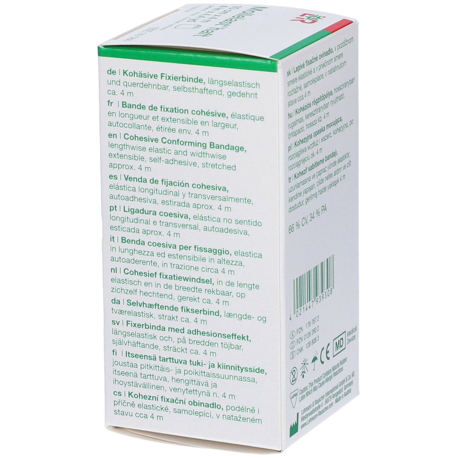 Lato della confezione LR Mollelast® haft. Testo multilingue. Marchio CE e logo.