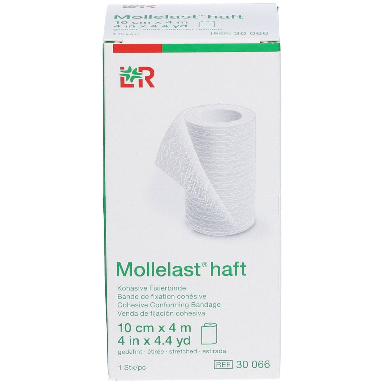Confezione di LR Mollelast® haft. Benda coesiva bianca, 10 cm x 4 m. Scatola verde e bianca con nome e logo del prodotto.