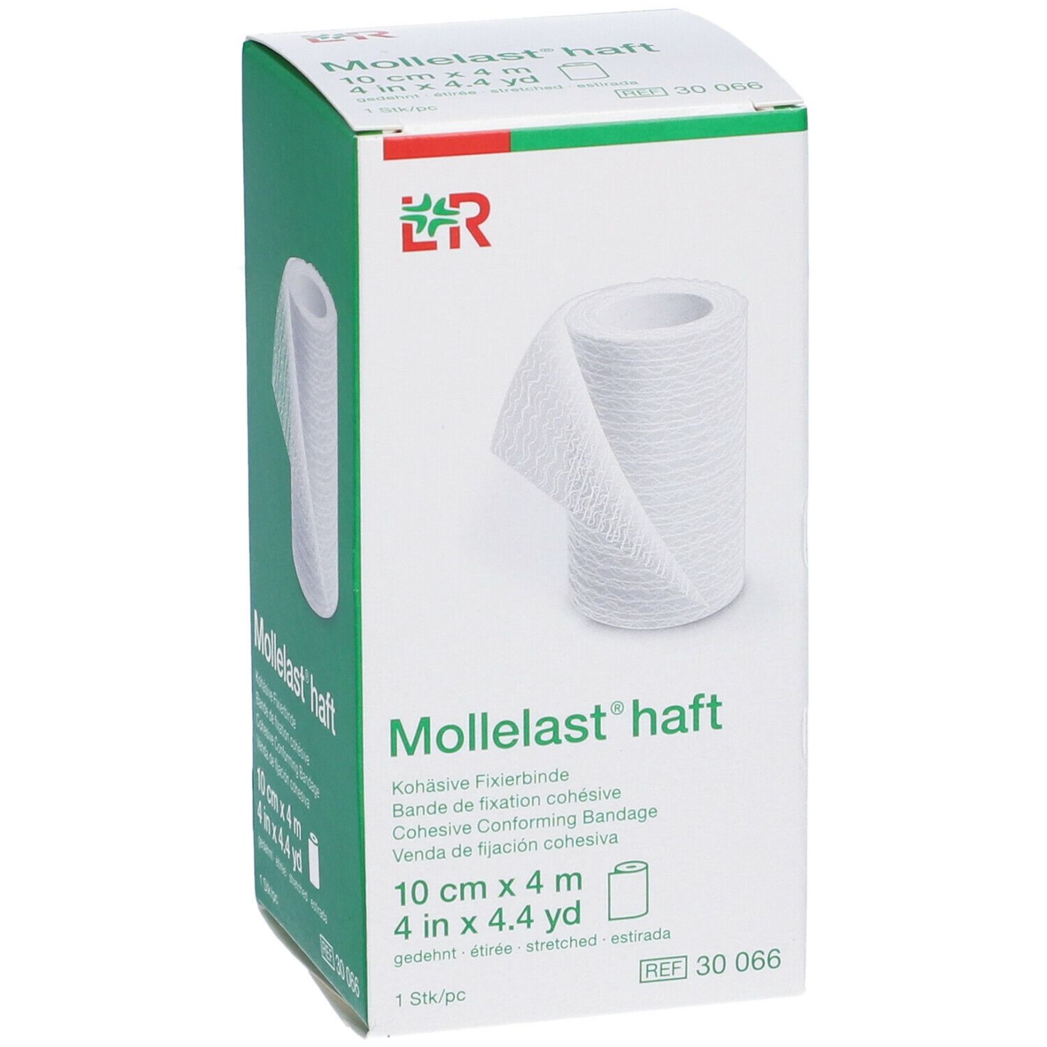 Confezione di LR Mollelast® haft. Benda coesiva bianca, 10 cm x 4 m. Scatola verde e bianca con nome e logo del prodotto.