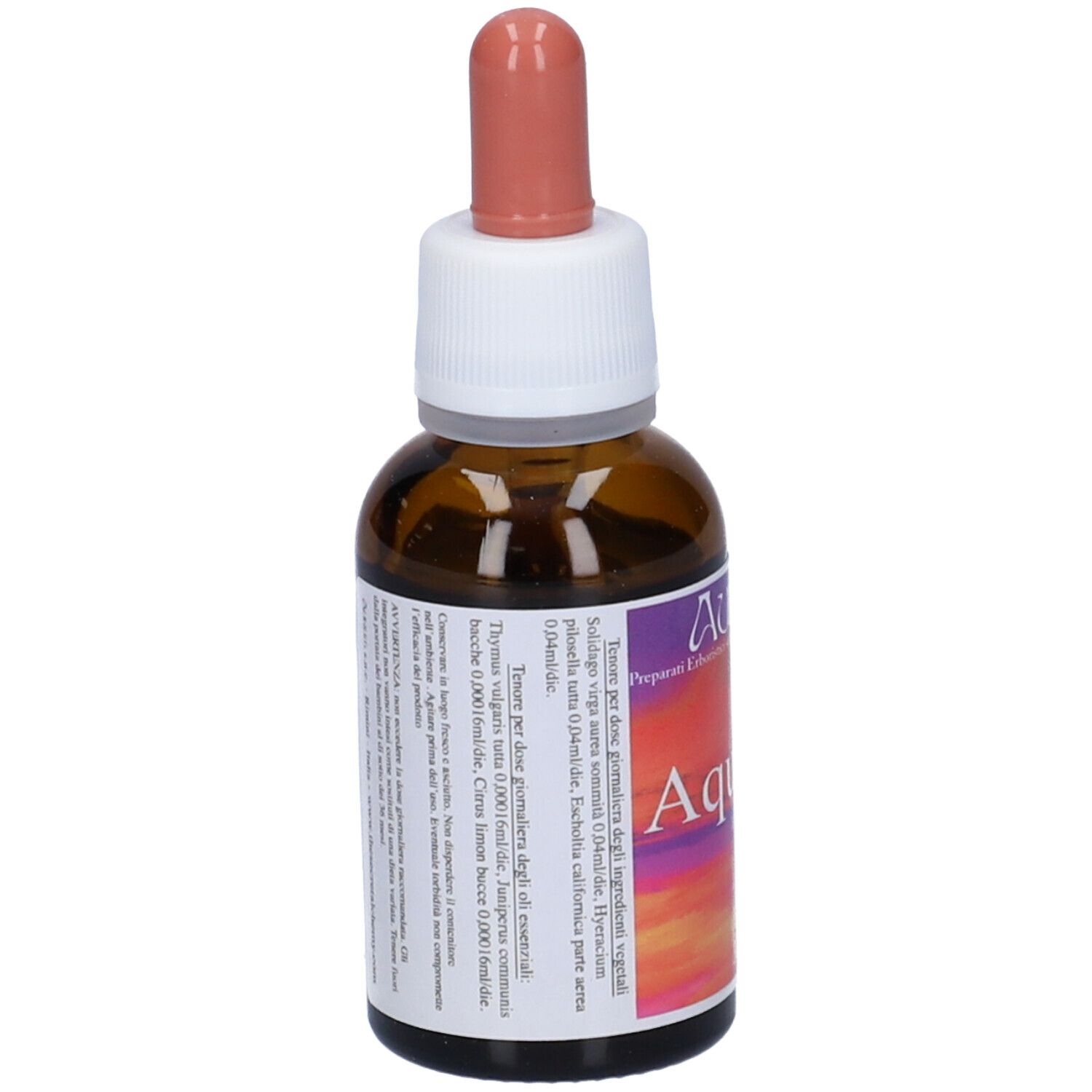 Flacone di vetro marrone con contagocce. Etichetta con nome Aquadin, marchio AURUM e testo. 30ml.