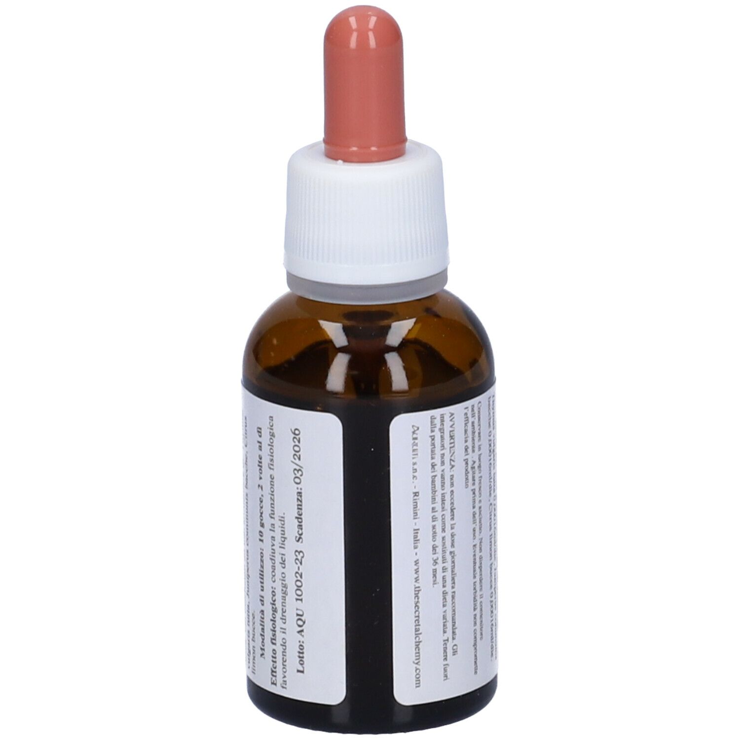 Flacone di vetro marrone con contagocce. Etichetta con testo. Vista posteriore. Nome Aquadin, marchio AURUM.