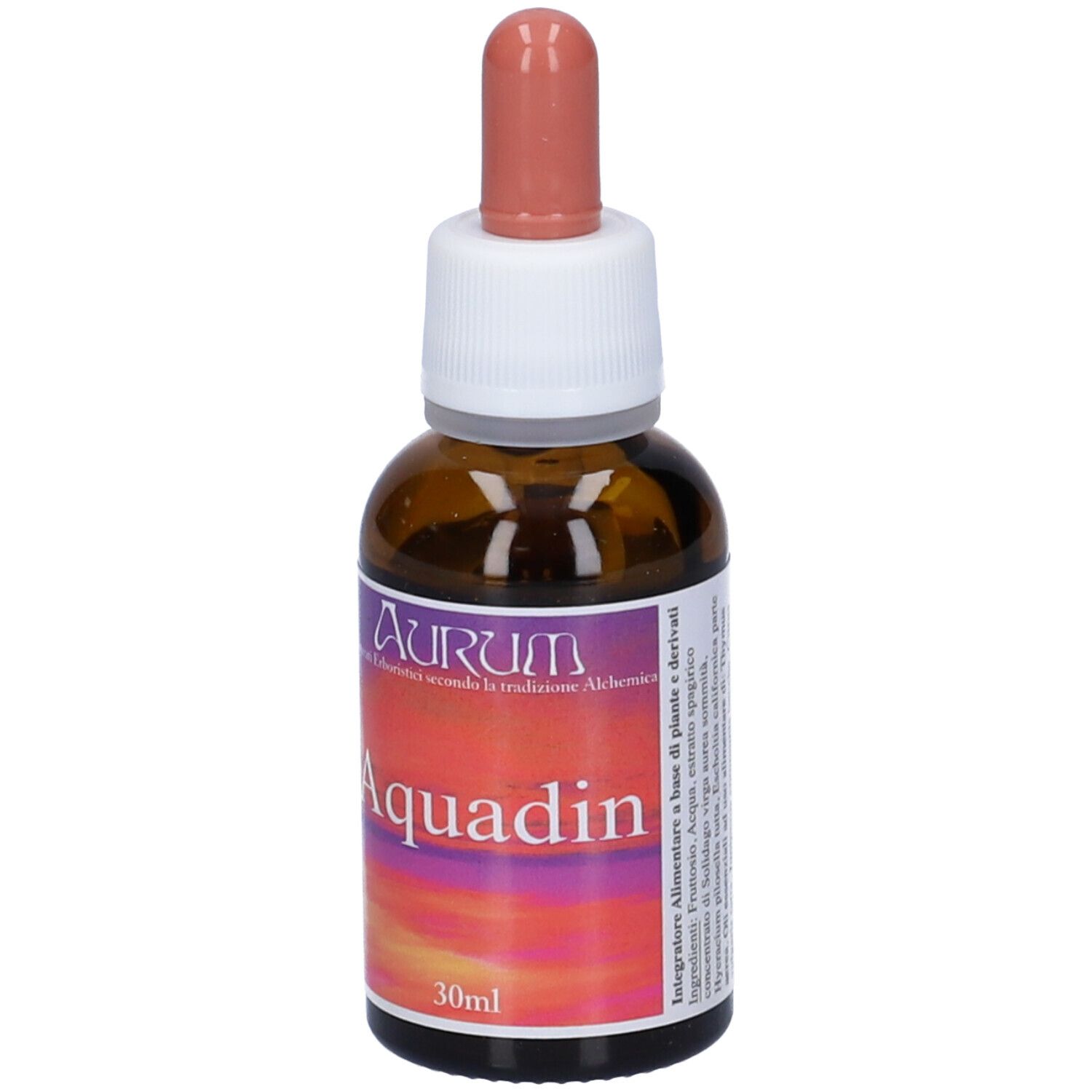 Flacone di vetro marrone con contagocce. Etichetta con nome Aquadin, marchio AURUM. 30ml.