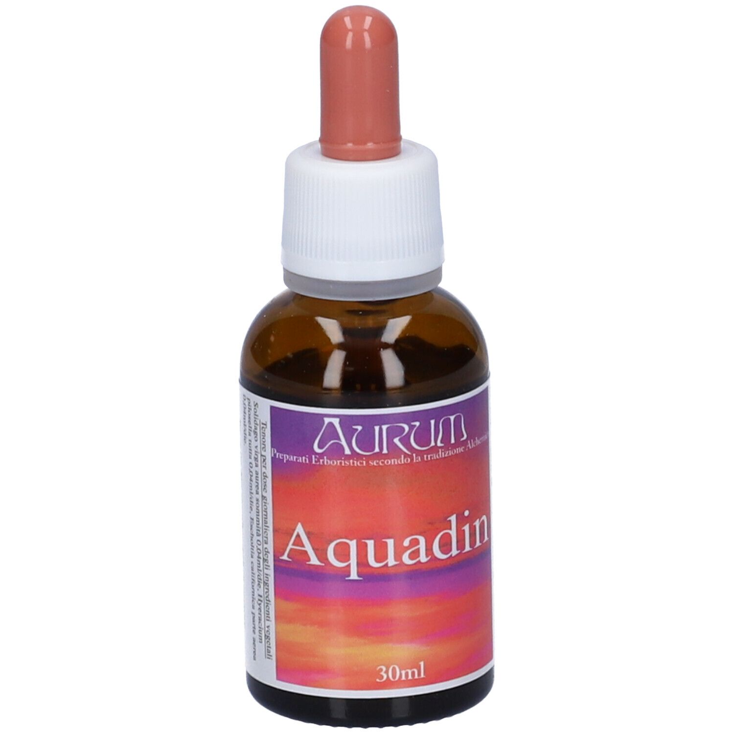 Flacone di vetro marrone con contagocce. Etichetta con nome Aquadin, marchio AURUM. 30ml.