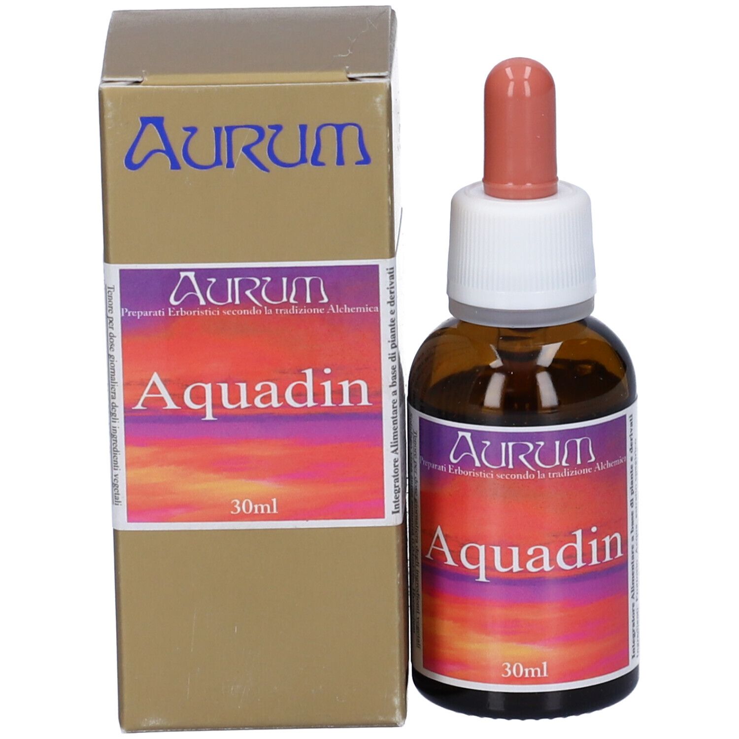 Prodotto Aquadin e confezione. Scatola dorata con nome del prodotto e marchio AURUM. 30ml.
