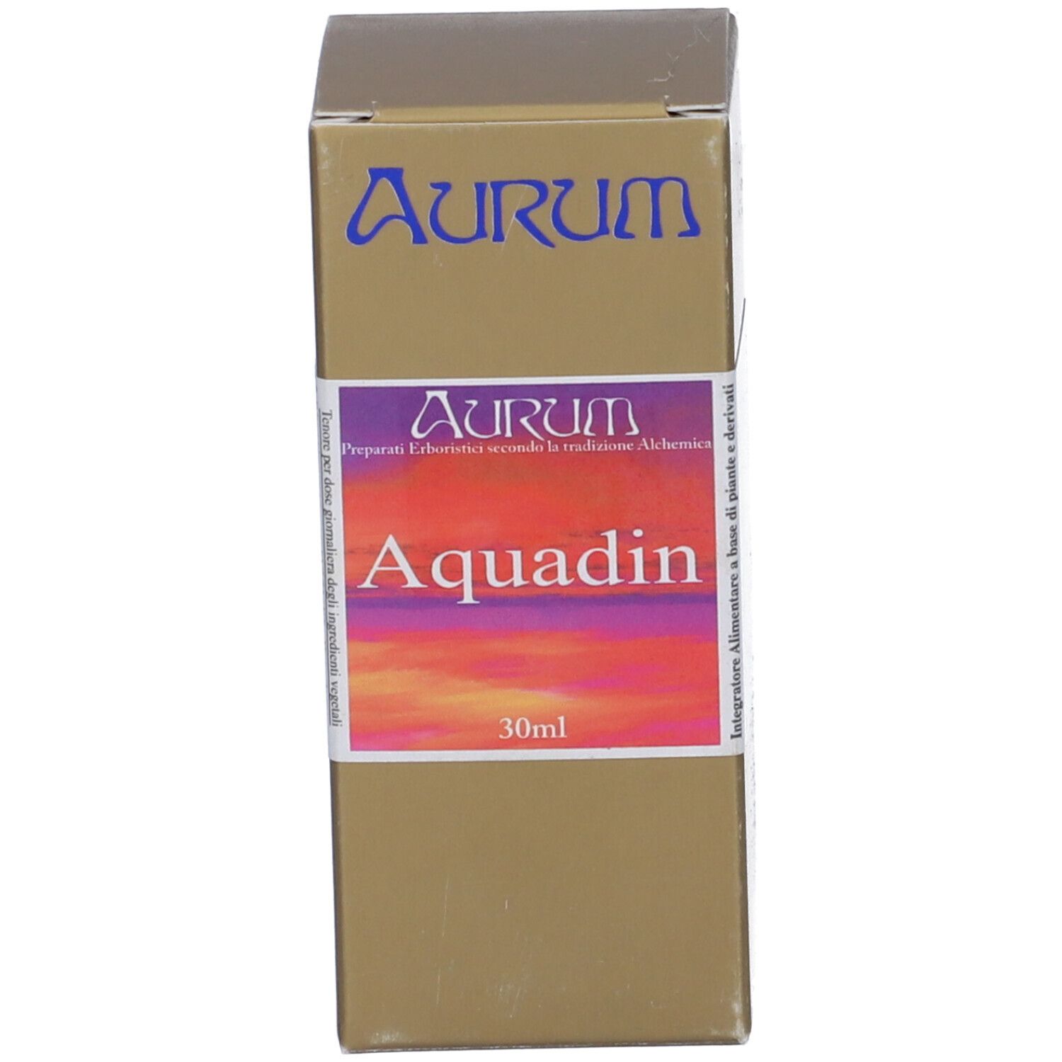Scatola dorata con nome del prodotto Aquadin e marchio AURUM. 30ml.