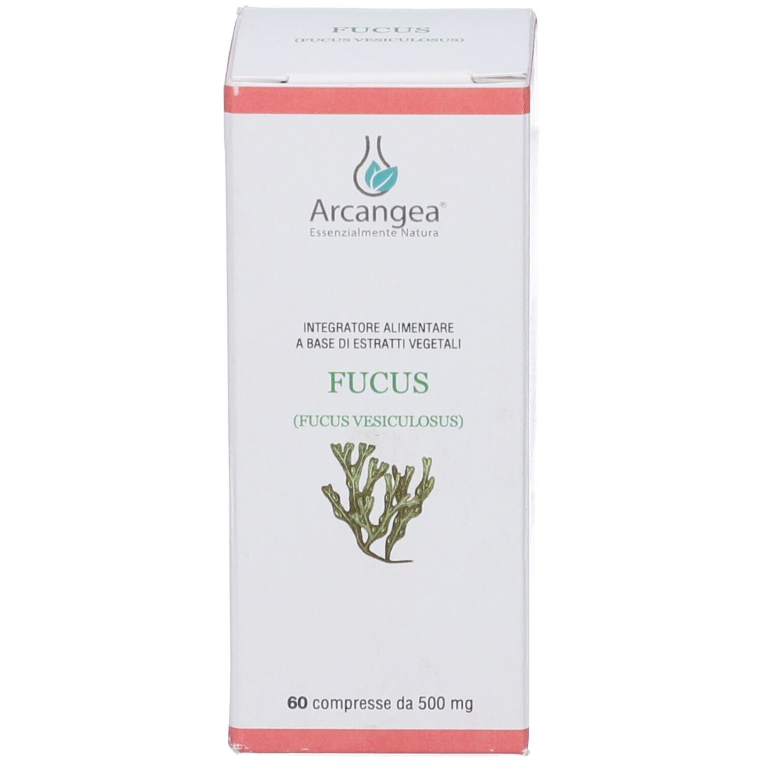 Scatola bianca con logo, nome del prodotto, immagine di Fucus e testo.
