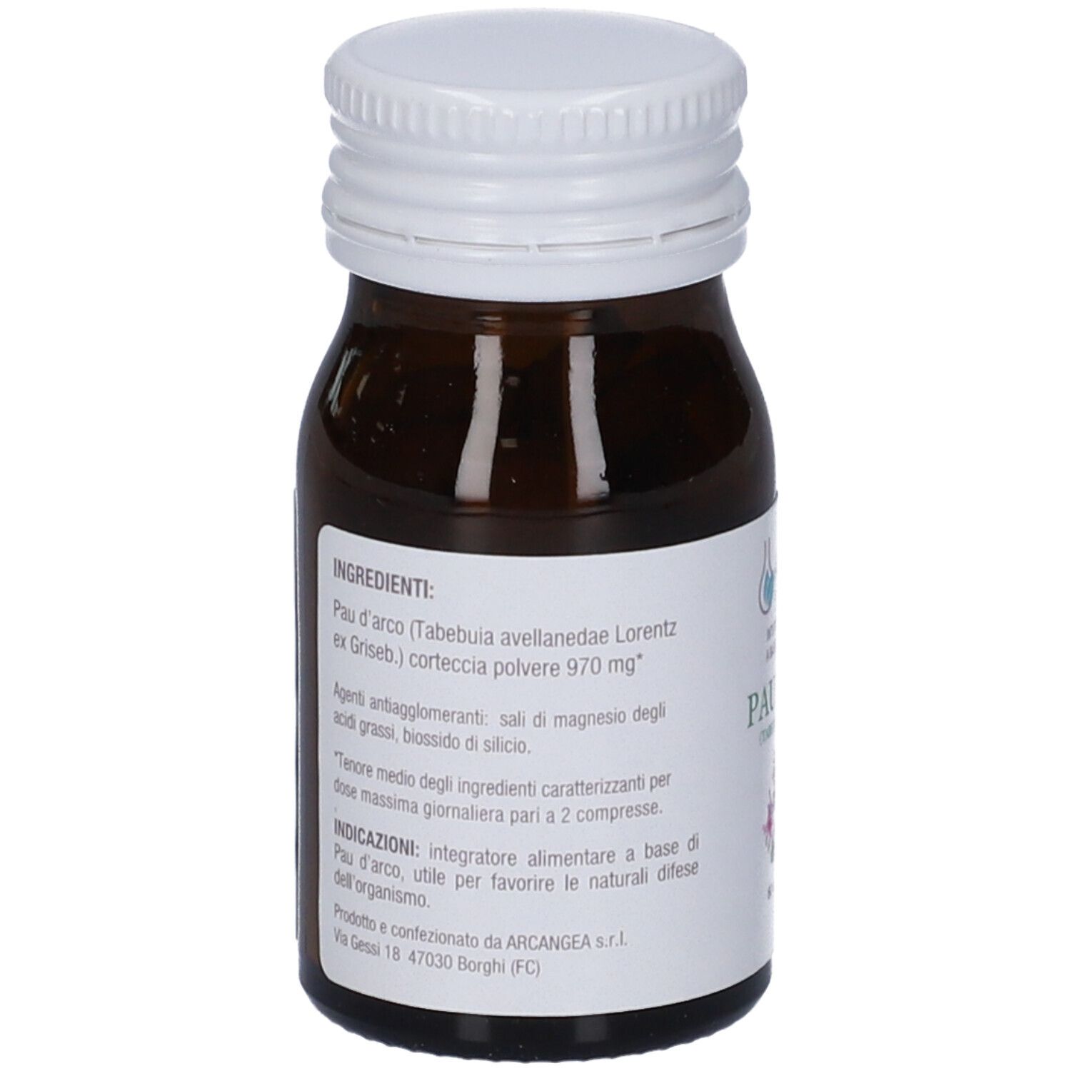 Flacone in vetro marrone con tappo bianco. Etichetta con ingredienti e informazioni. Marchio Arcangea.