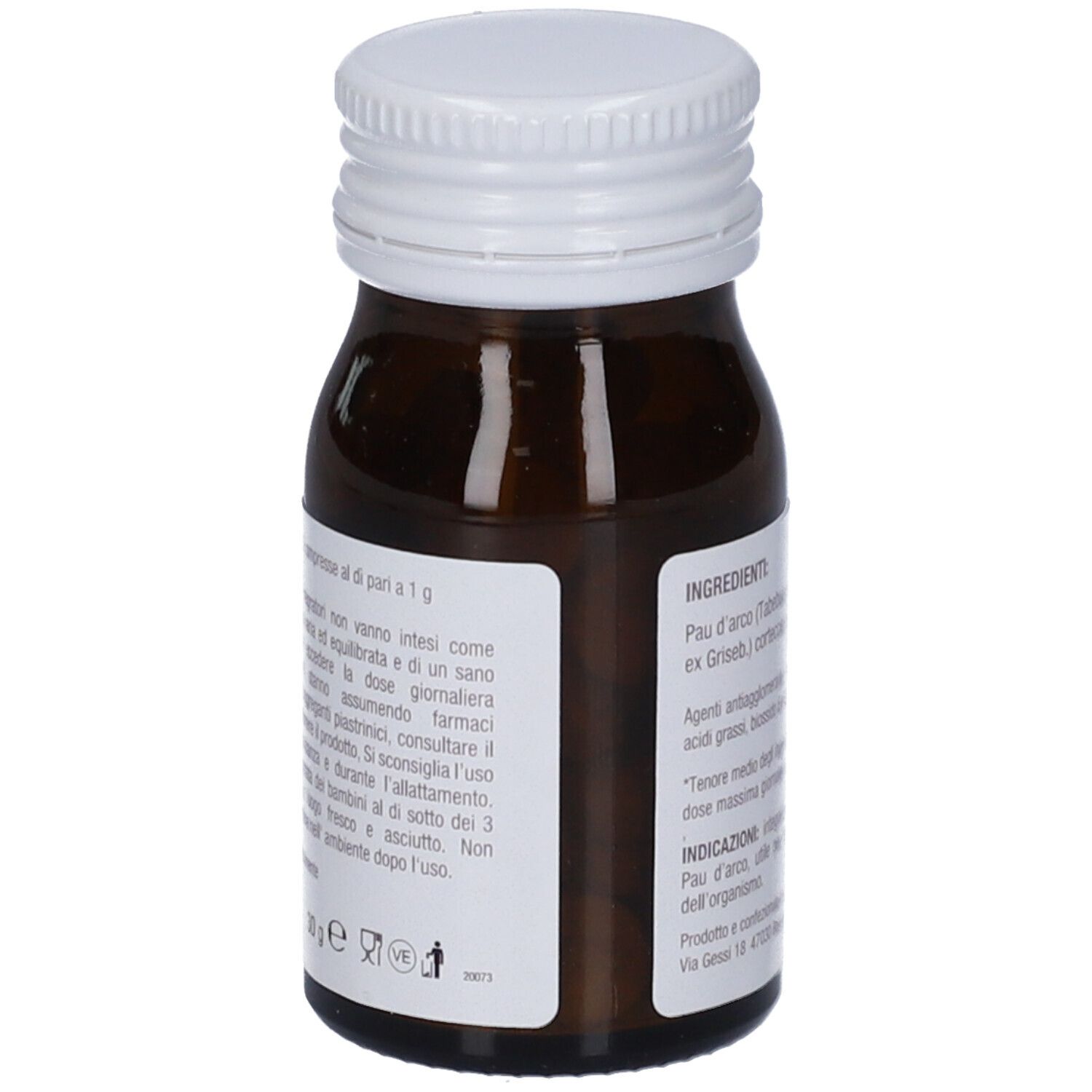 Flacone in vetro marrone con tappo bianco. Etichetta con informazioni. Marchio Arcangea.