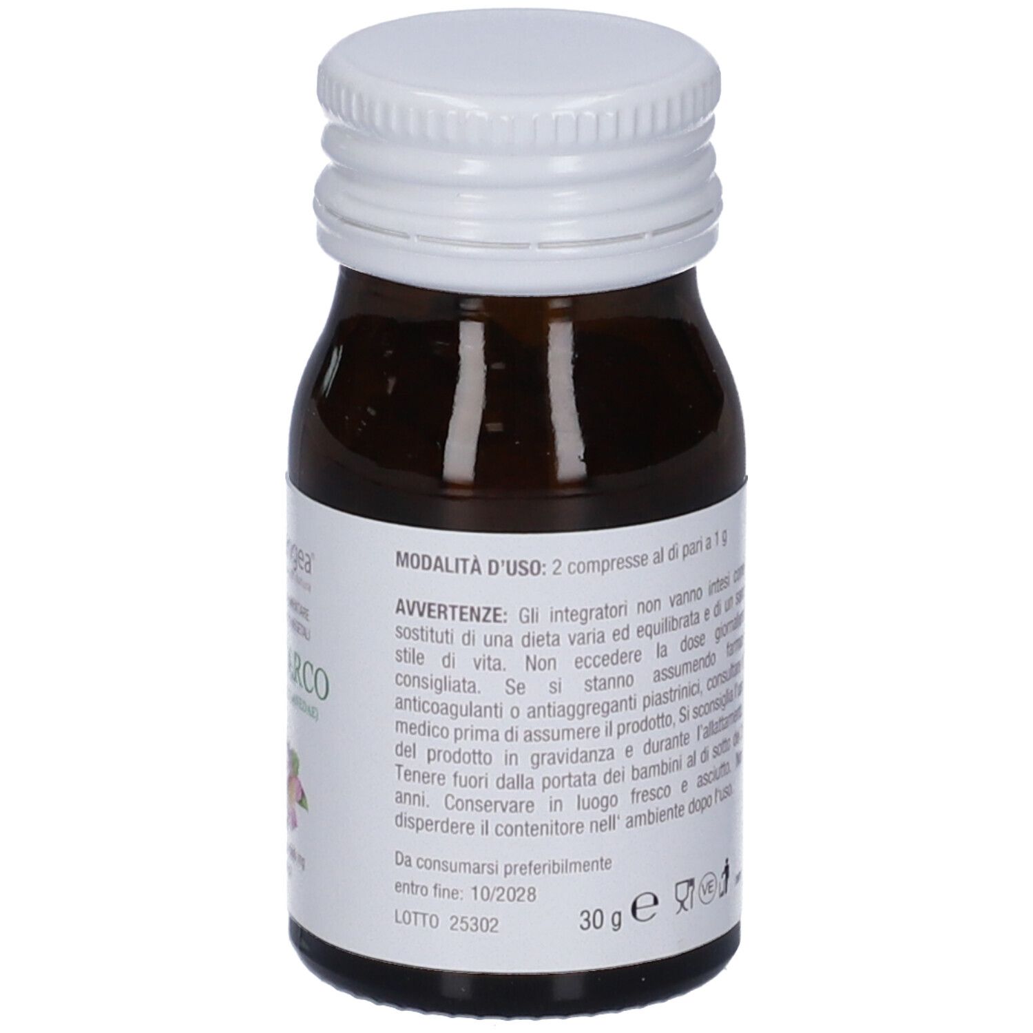 Flacone in vetro marrone con tappo bianco. Etichetta con informazioni. Marchio Arcangea.