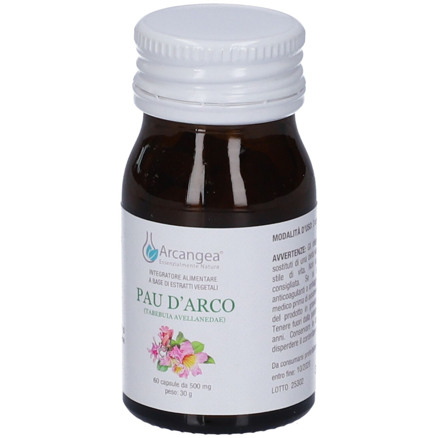 Flacone in vetro marrone con tappo bianco. Etichetta Pau D'Arco, 60 capsule, 500 mg, 30 g. Marchio Arcangea.