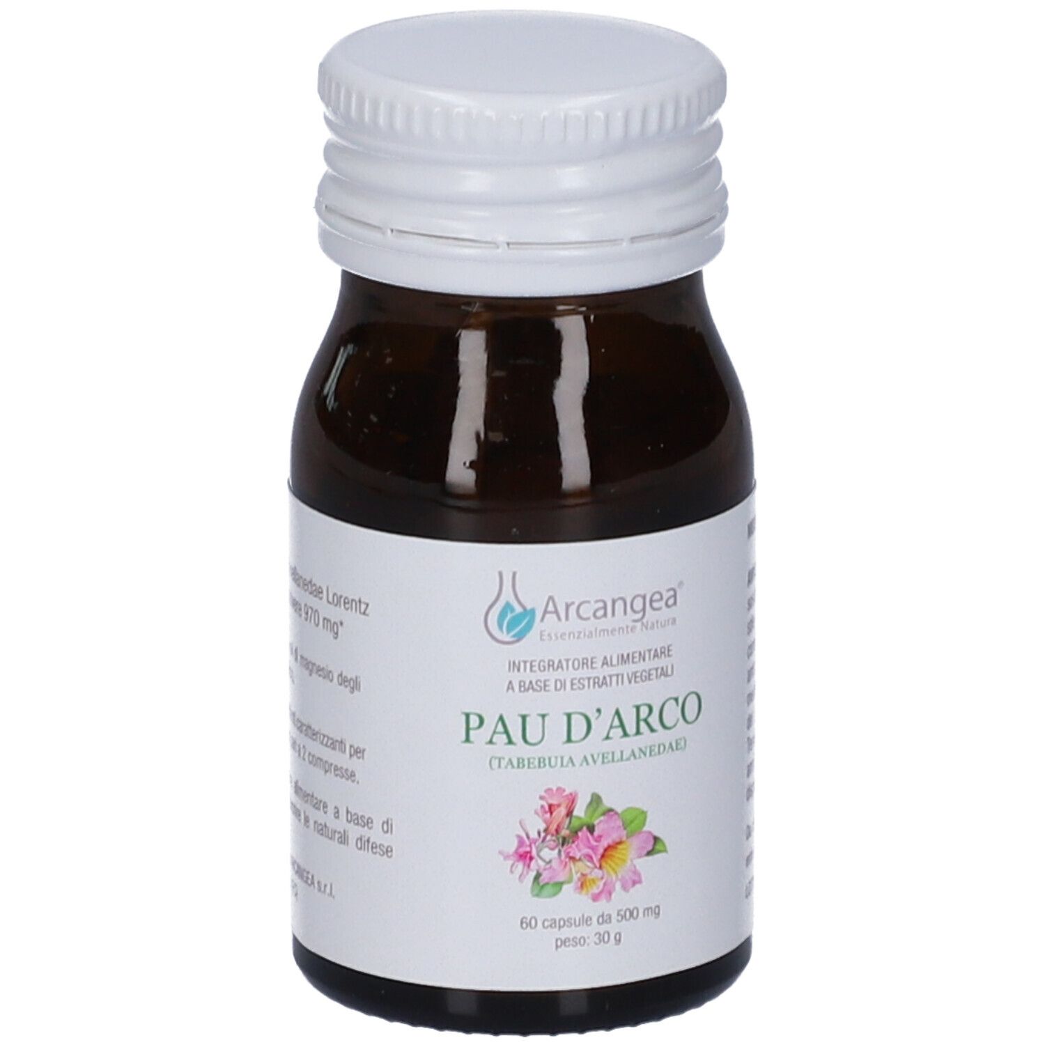 Flacone in vetro marrone con tappo bianco. Etichetta Pau D'Arco, 60 capsule, 500 mg, 30 g. Marchio Arcangea.
