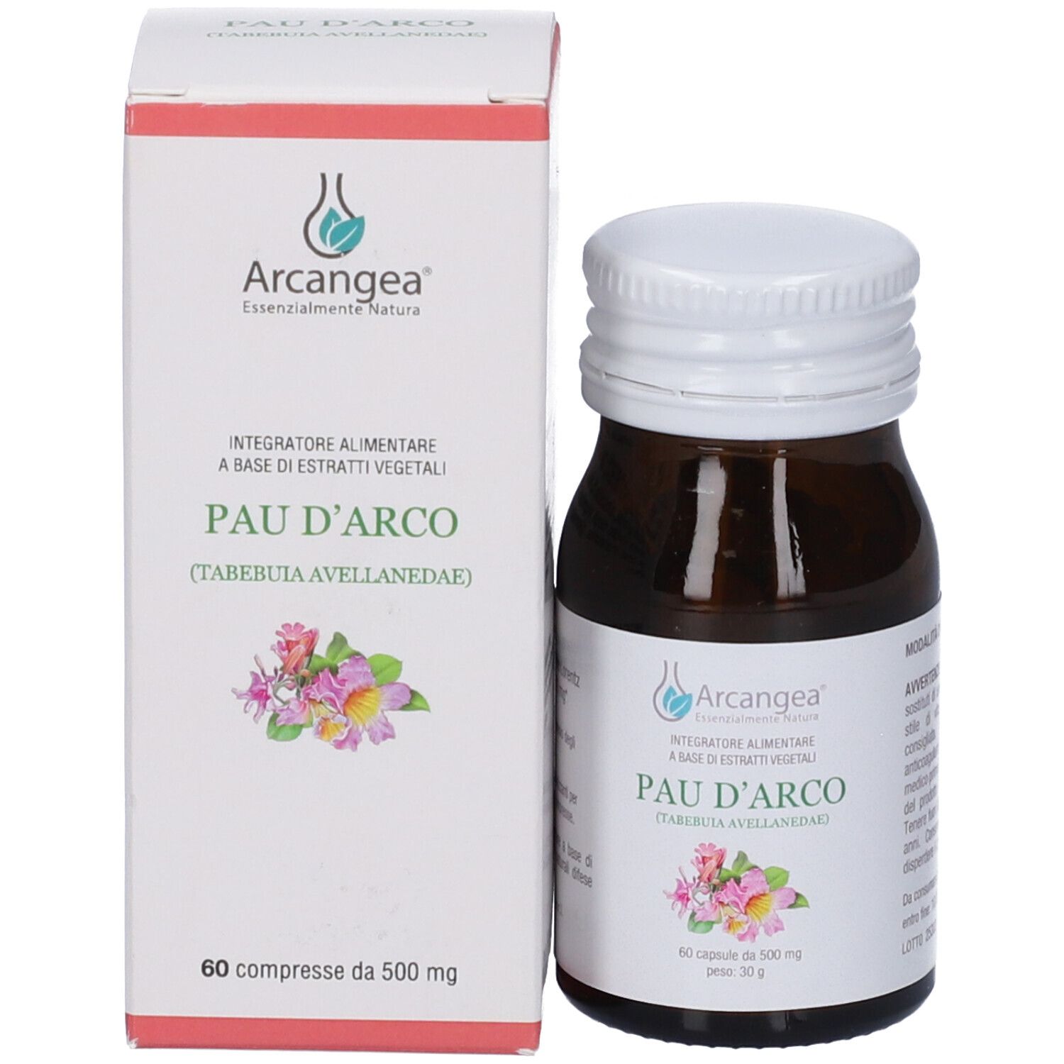 Flacone e scatola. Scatola con Pau D'Arco, 60 capsule, 500 mg. Marchio Arcangea.