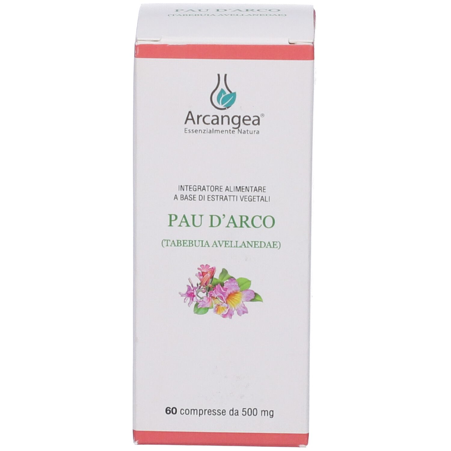 Scatola bianca con Pau D'Arco, 60 capsule, 500 mg. Marchio Arcangea.