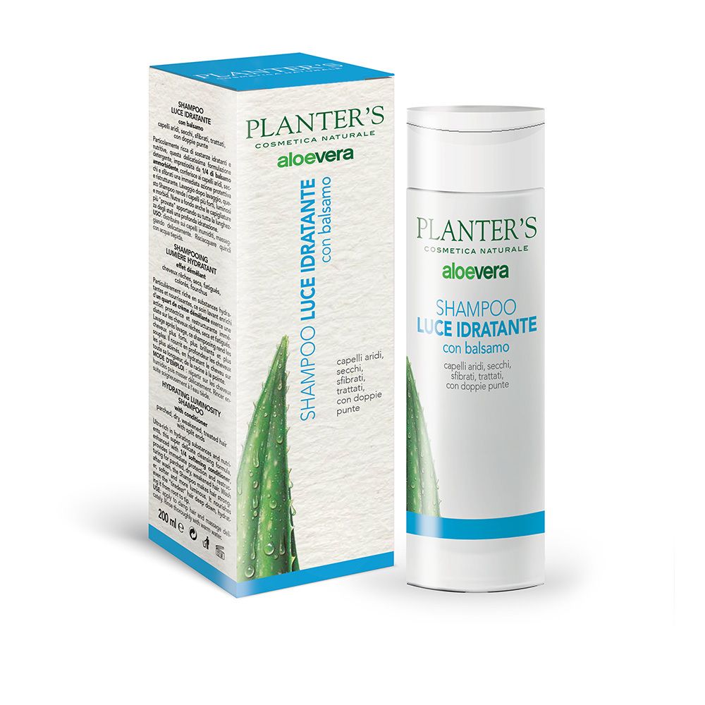 Flacone shampoo e confezione. Scritta: Planter's, Aloe Vera, Shampoo Luce Idratante con balsamo.