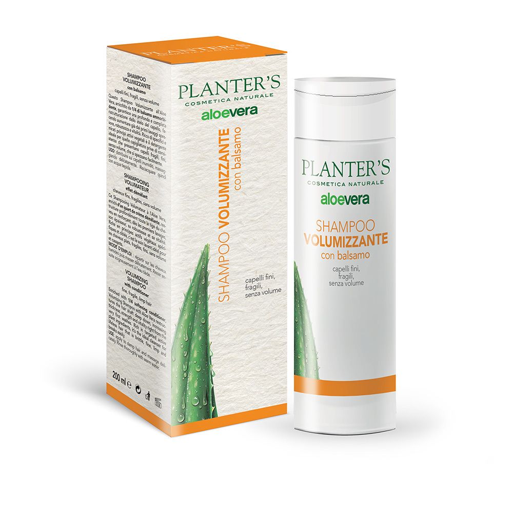 Flacone di shampoo accanto alla confezione. Confezione con testo: Planter'S Aloe Vera Shampoo Volumizzante.