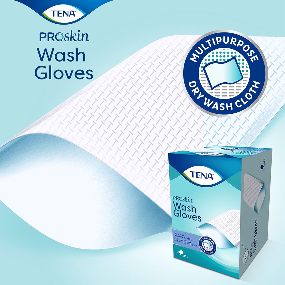 Guanti lavanti TENA Proskin e scatola. Guanto e confezione. Logo e nome del prodotto su sfondo blu.