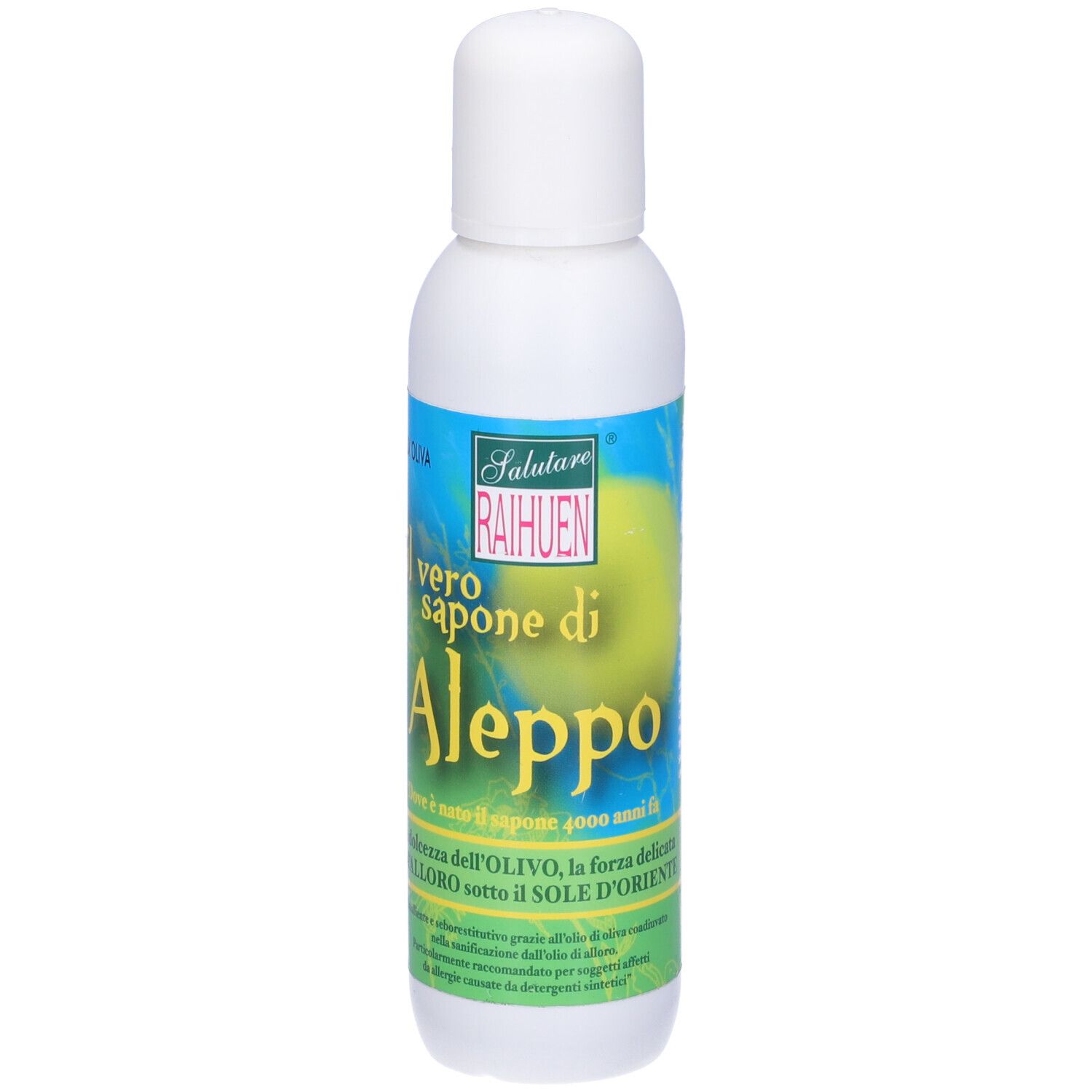 Flacone bianco con etichetta verde-blu. Scritta 'vero sapone di Aleppo'. Tappo bianco. Testo in italiano.