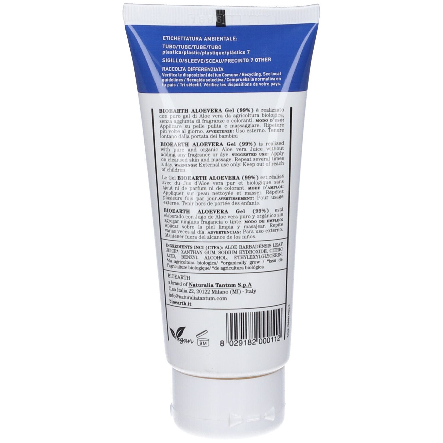 Tubo di Gel Aloe Vera Bioearth (99%), 100ml, per la cura della pelle.
