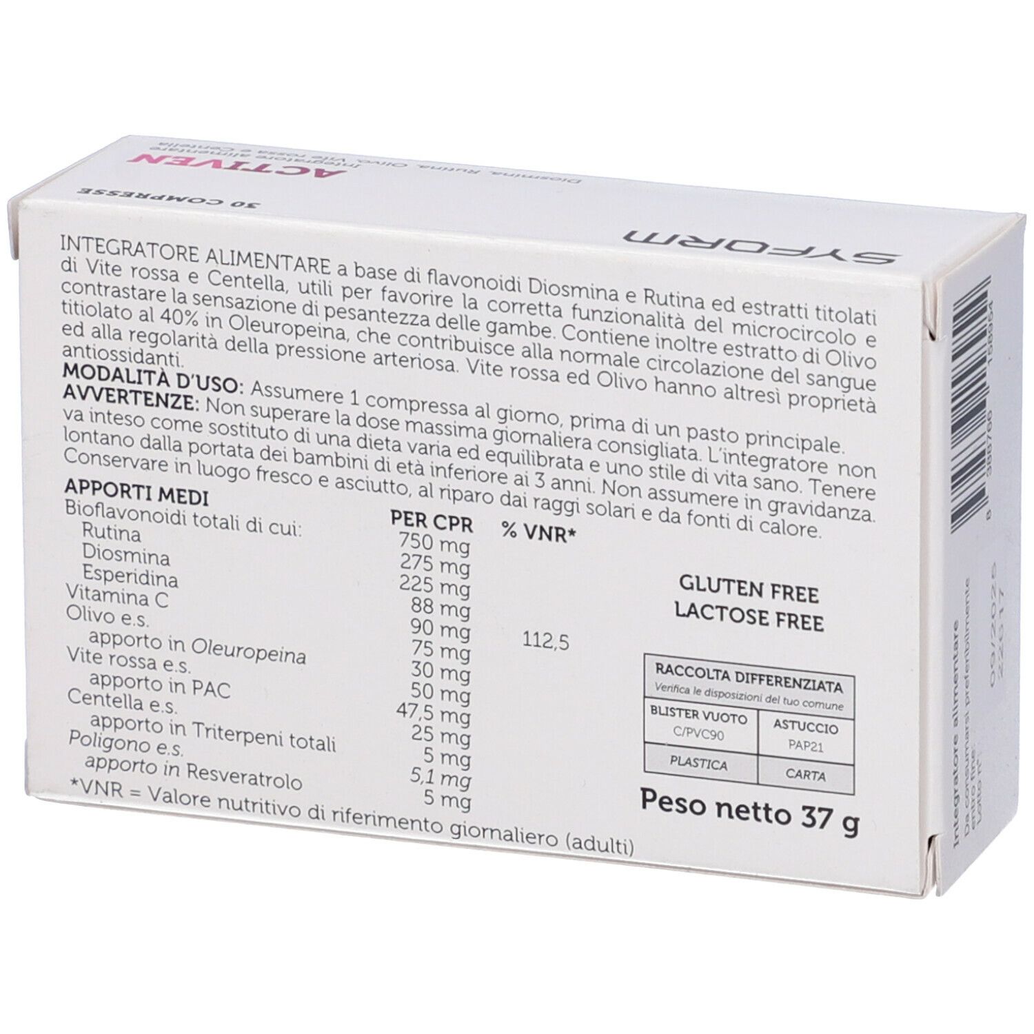 Retro della confezione Activen. Contiene informazioni su ingredienti, dosaggio e valori nutrizionali.