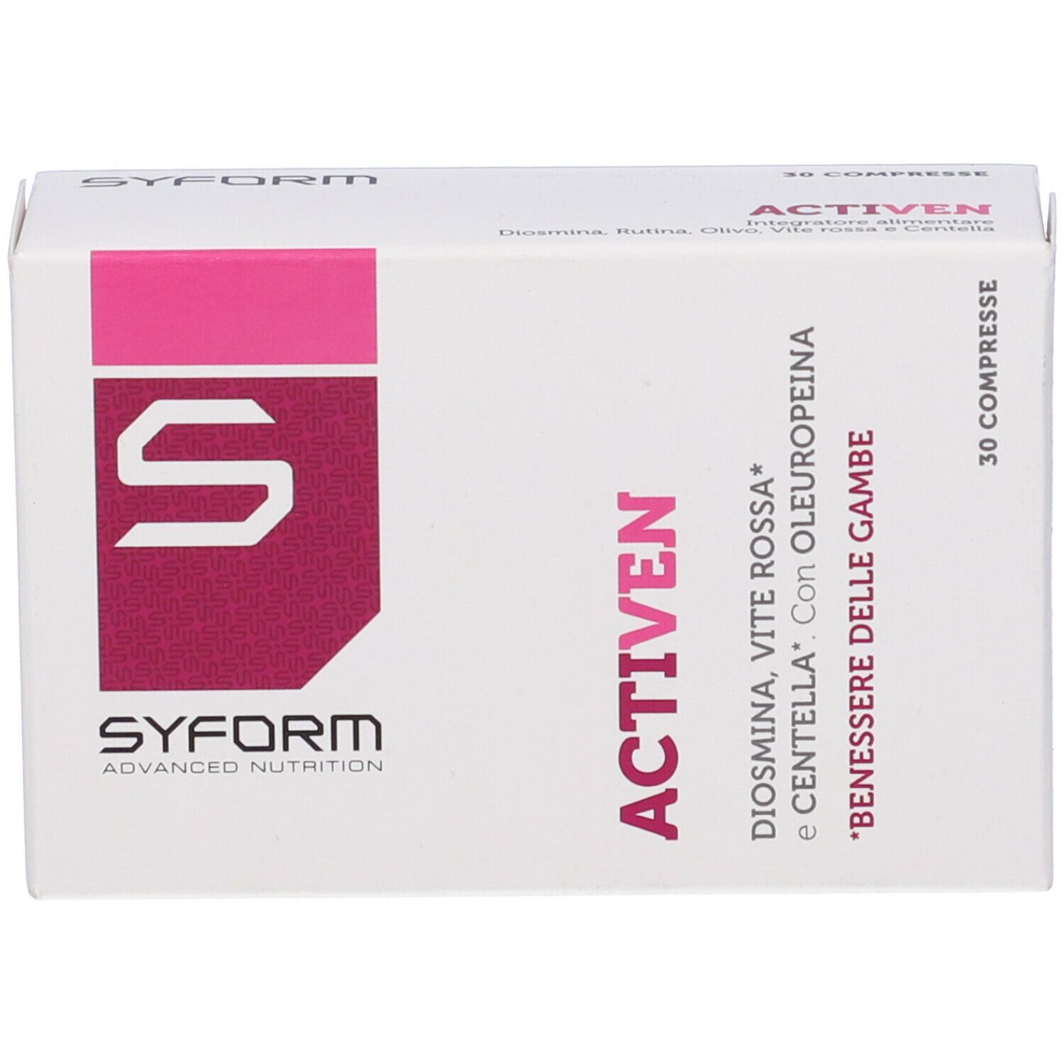 Fronte della confezione Activen. Scritto: Activen, 30 compresse. Logo Syform.