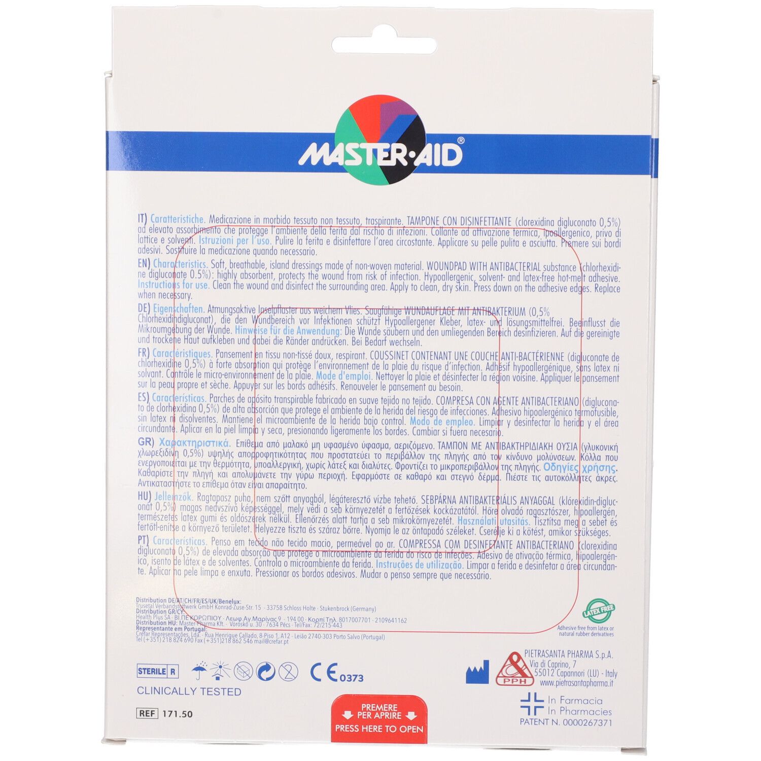 Retro della confezione Master Aid Drop Med. Testo multilingue. Contiene informazioni sugli ingredienti e le istruzioni per l'uso.