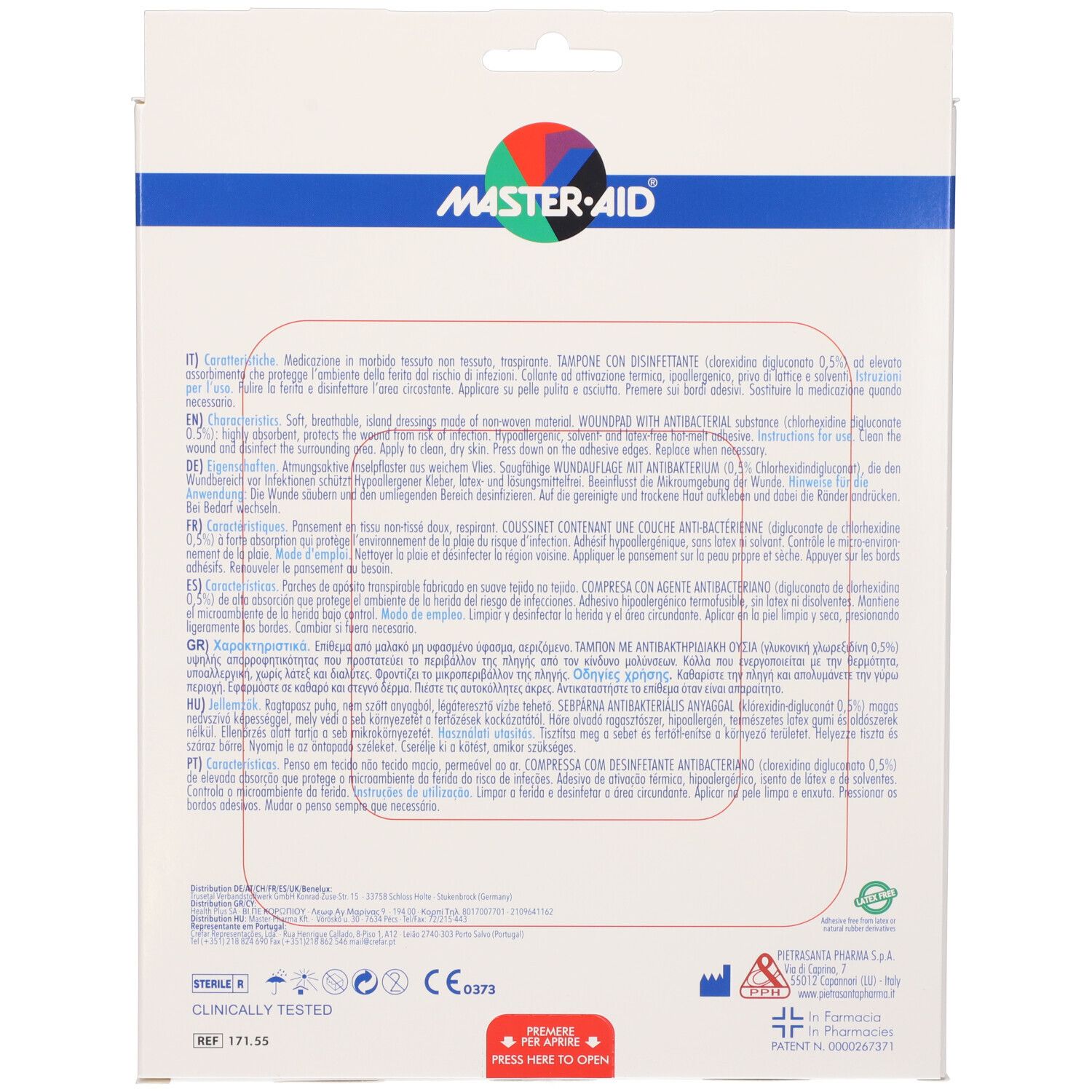 Retro della confezione. Testo: MASTER-AID. Informazioni multilingue. Dispositivo medico. Clinicamente testato.
