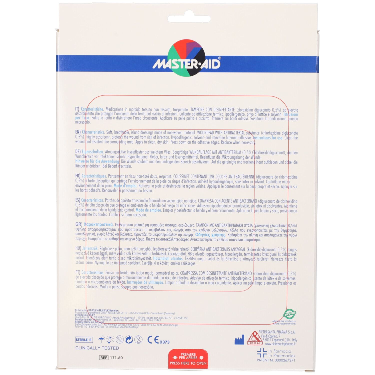 Retro della confezione Master Aid Drop Med. Testo multilingue. Informazioni sull'uso.