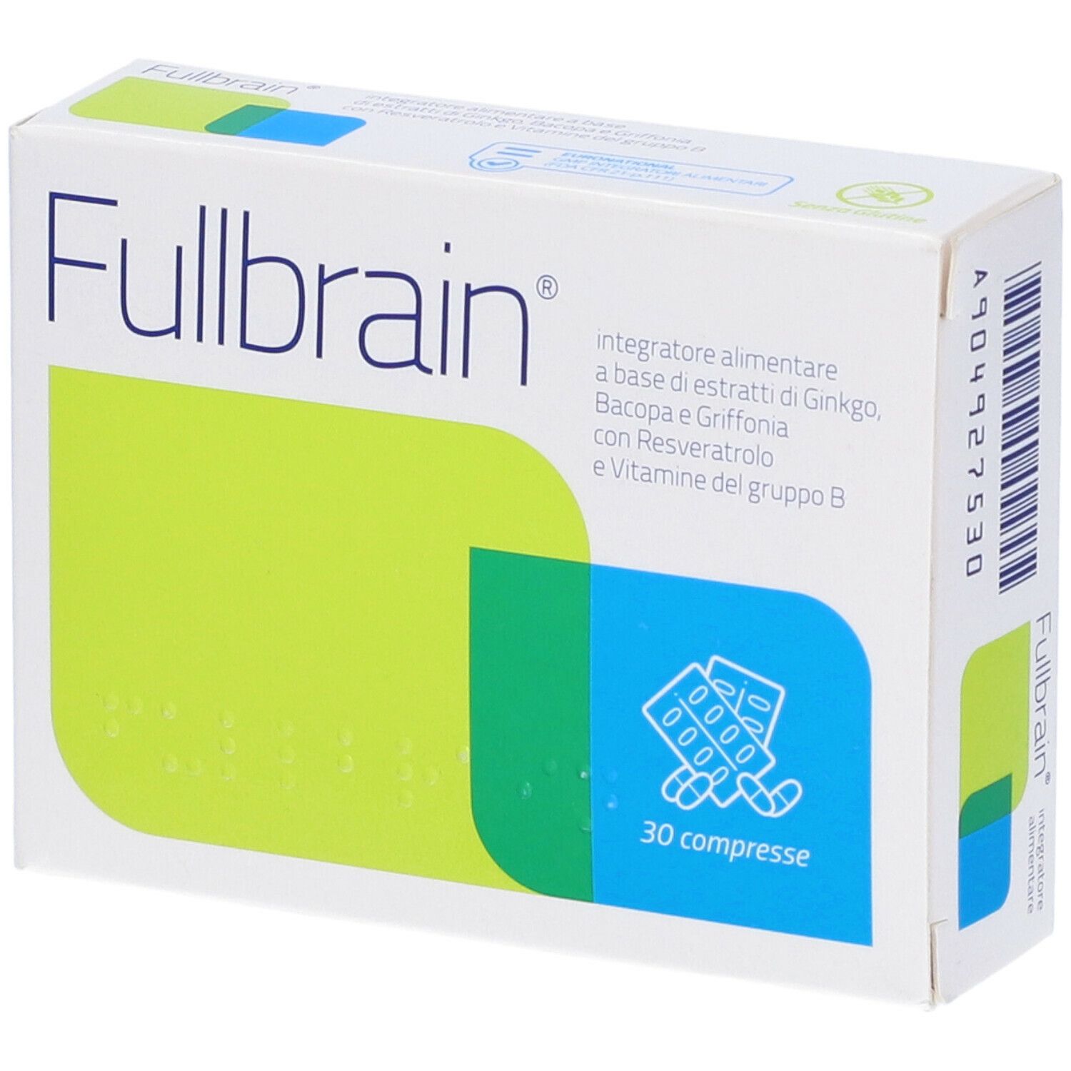Scatola bianca con grafica verde-blu. Scritta "Fullbrain" e "30 compresse". Contiene integratore alimentare.
