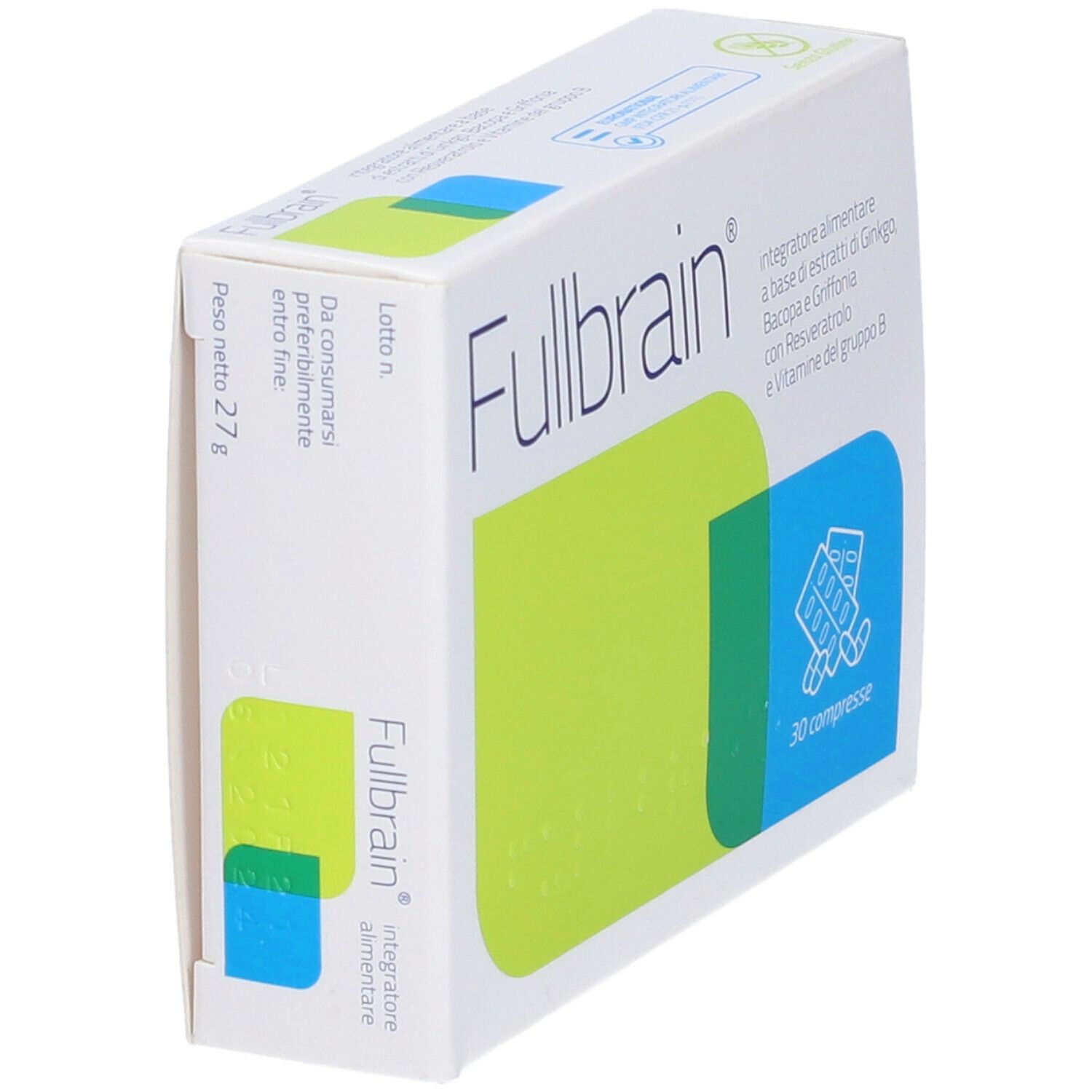 Scatola con grafica verde-blu. Scritta "Fullbrain" e "30 compresse". Contiene integratore alimentare. Vista dall'alto.