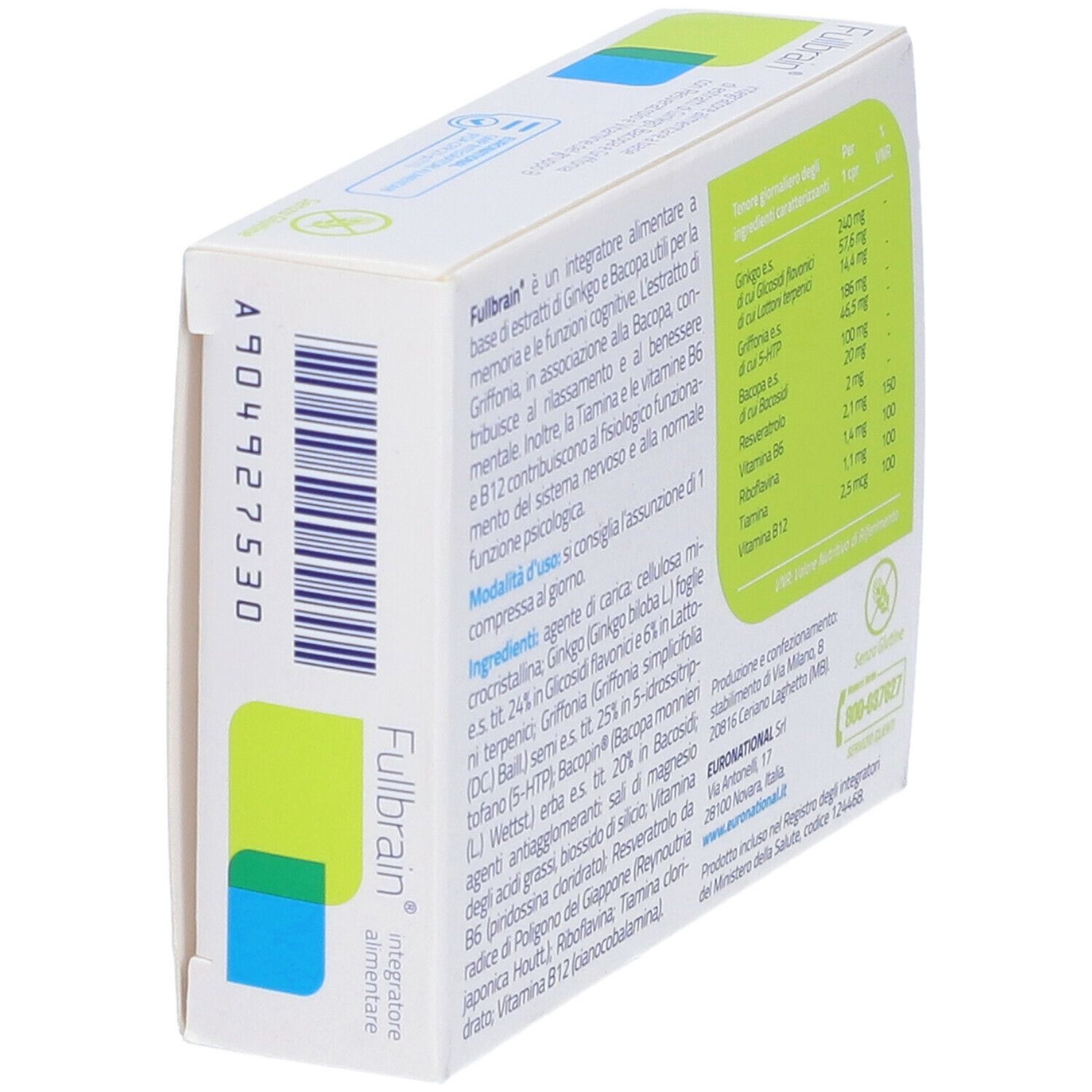 Vista laterale della scatola con ingredienti e informazioni nutrizionali. Contiene integratore alimentare. Testo in italiano.