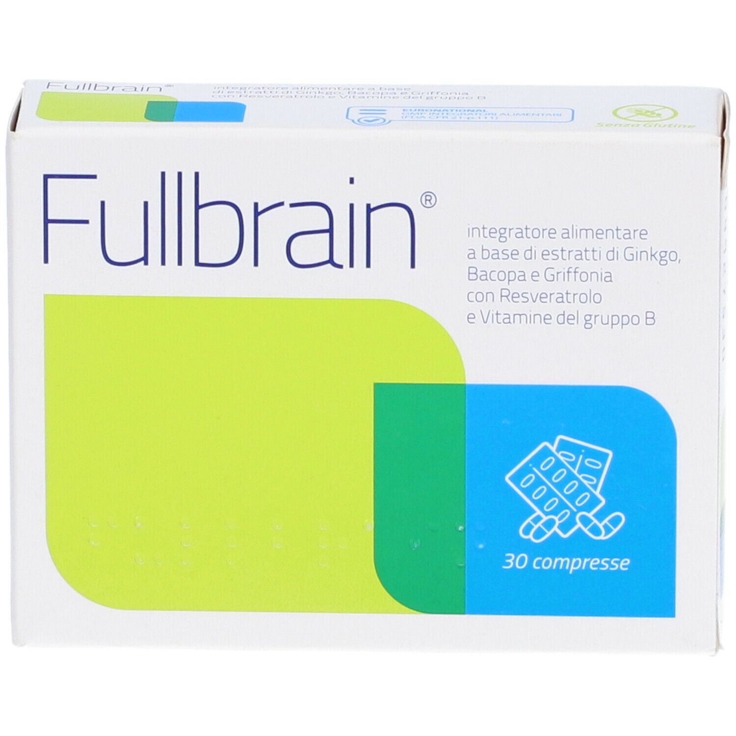 Scatola bianca con grafica verde-blu. Scritta "Fullbrain" e "30 compresse". Contiene integratore alimentare.