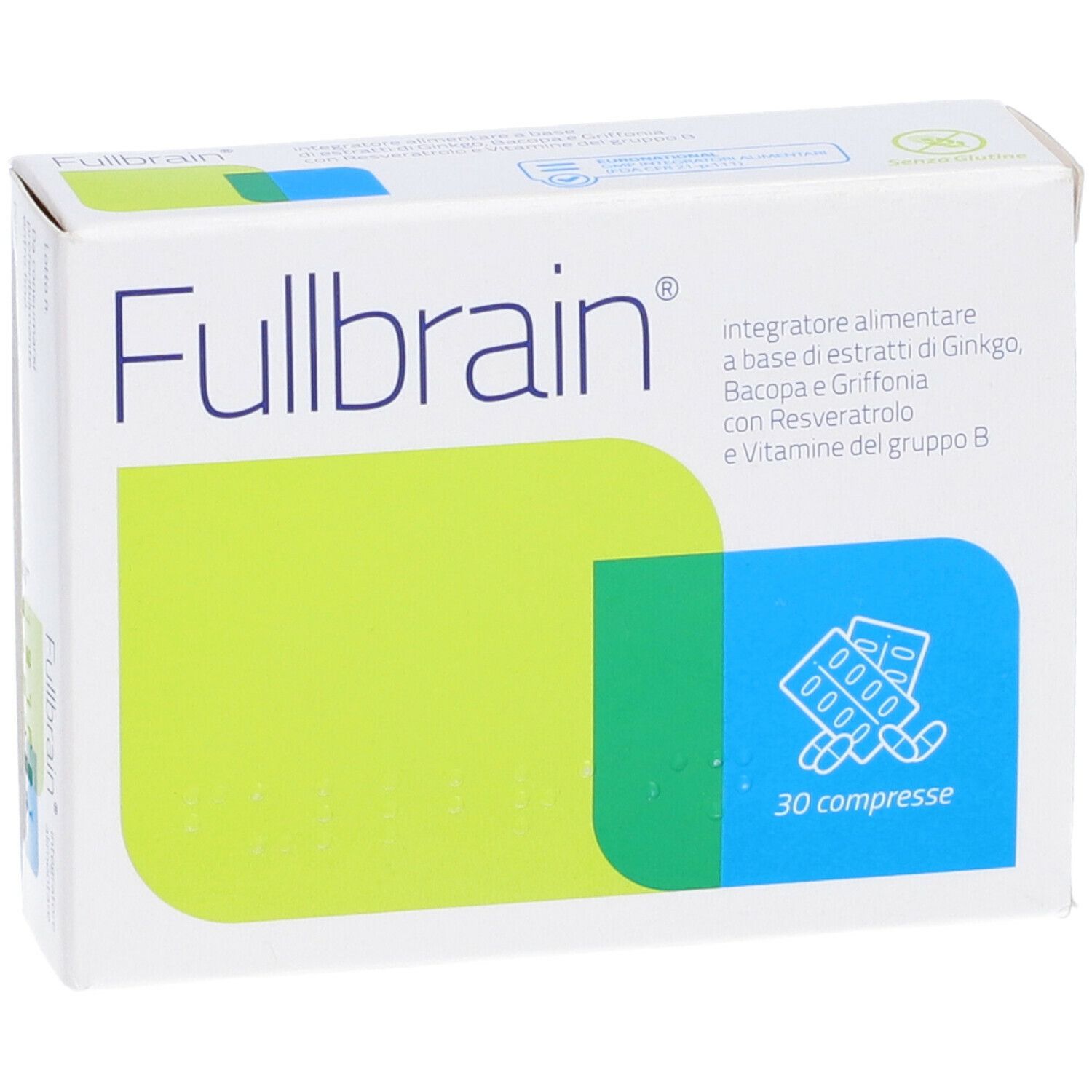 Scatola bianca con grafica verde-blu. Scritta "Fullbrain" e "30 compresse". Contiene integratore alimentare.