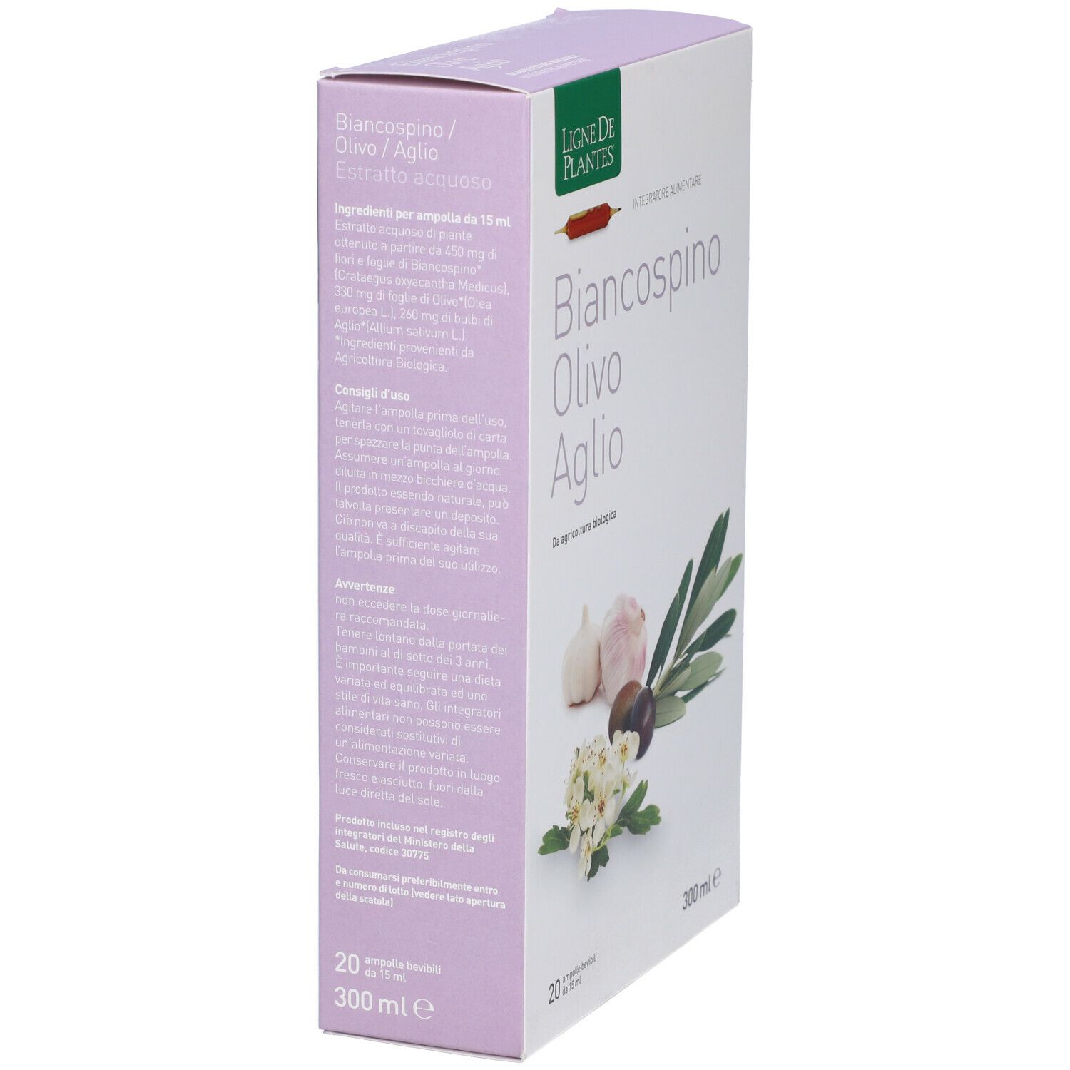 Confezione Biancospino Olivo Aglio con elenco ingredienti e istruzioni. 20 fiale, 300 ml. Marchio Ligne de Plantes.
