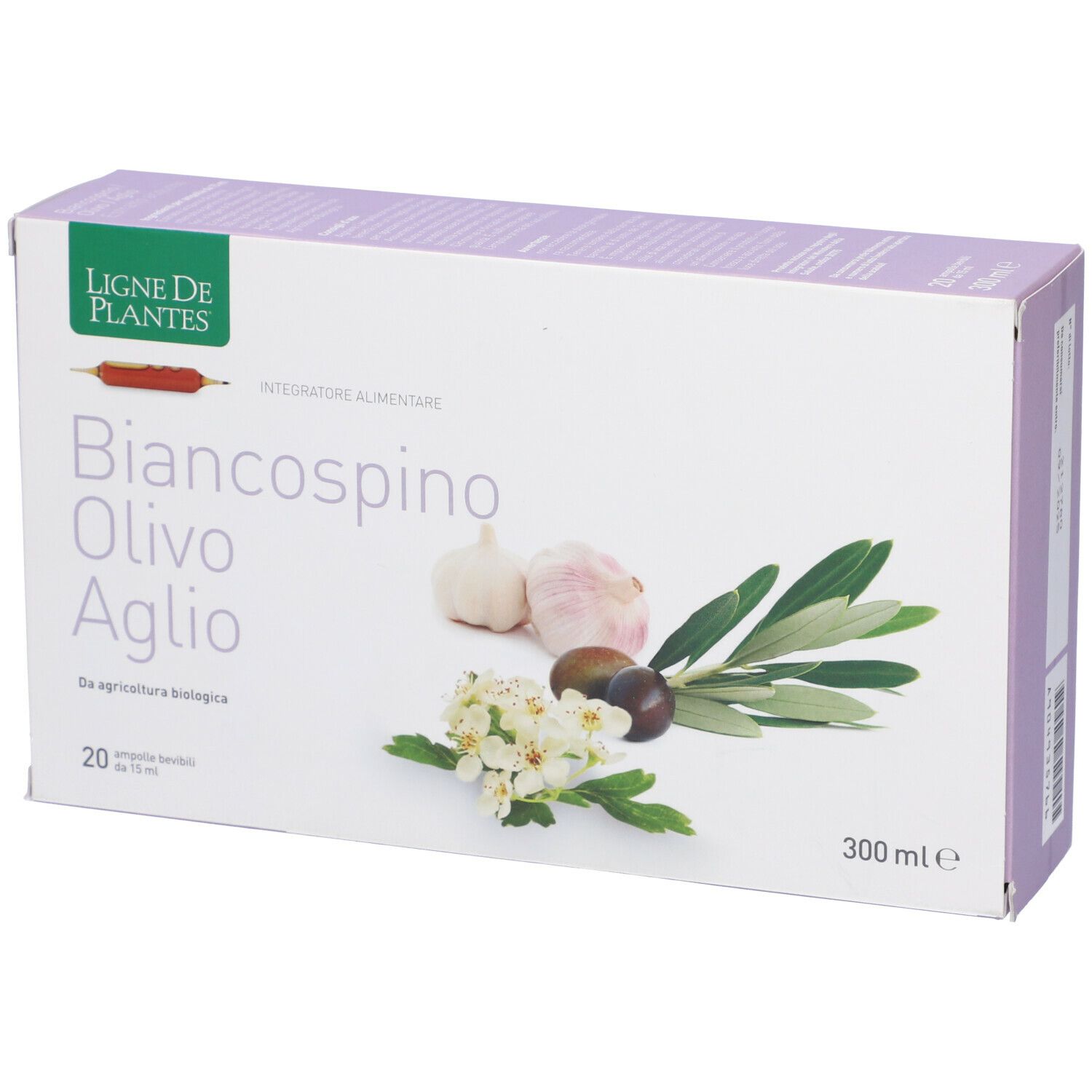 Scatola Biancospino Olivo Aglio con aglio, olive e fiori. 20 fiale, 300 ml. Marchio Ligne de Plantes e logo bio.