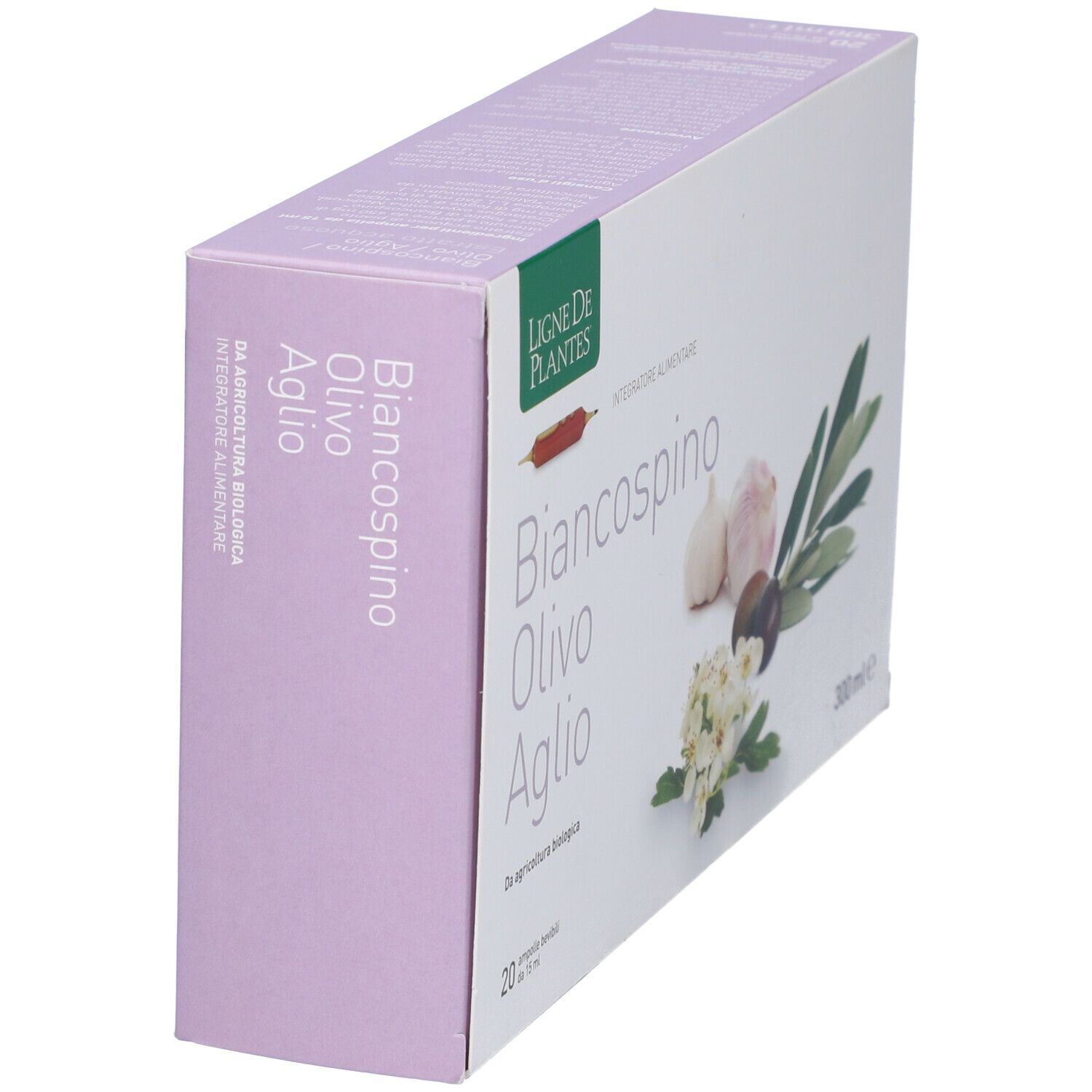 Vista obliqua della confezione Biancospino Olivo Aglio. 20 fiale, 300 ml. Marchio Ligne de Plantes e logo bio.