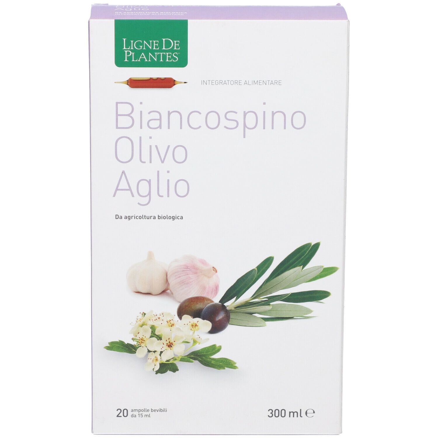 Scatola Biancospino Olivo Aglio con aglio, olive e fiori. 20 fiale, 300 ml. Marchio Ligne de Plantes e logo bio.
