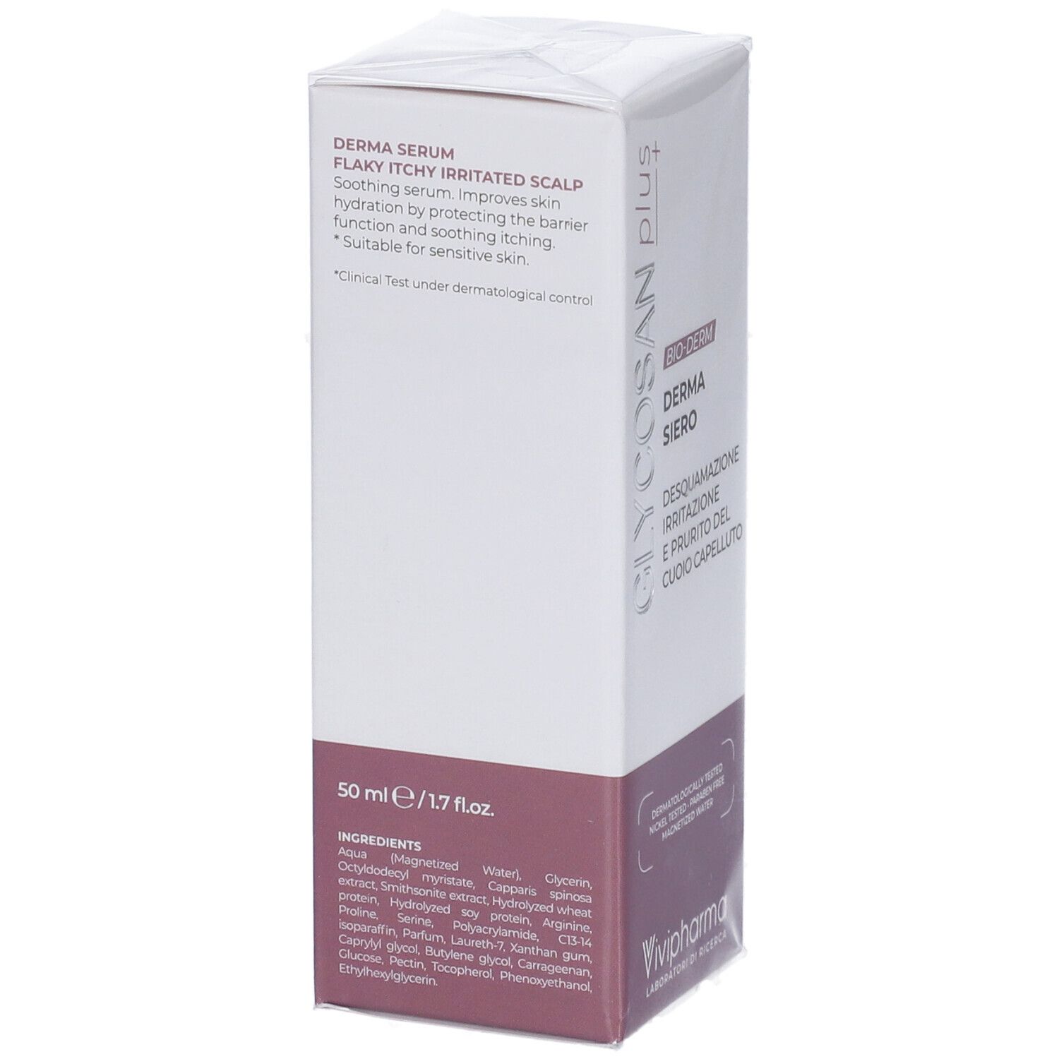 Confezione in cartone. Scritta: Derma Serum, Flaky Itchy Irritated Scalp. Ingredienti. Marchio: Vivipharma.