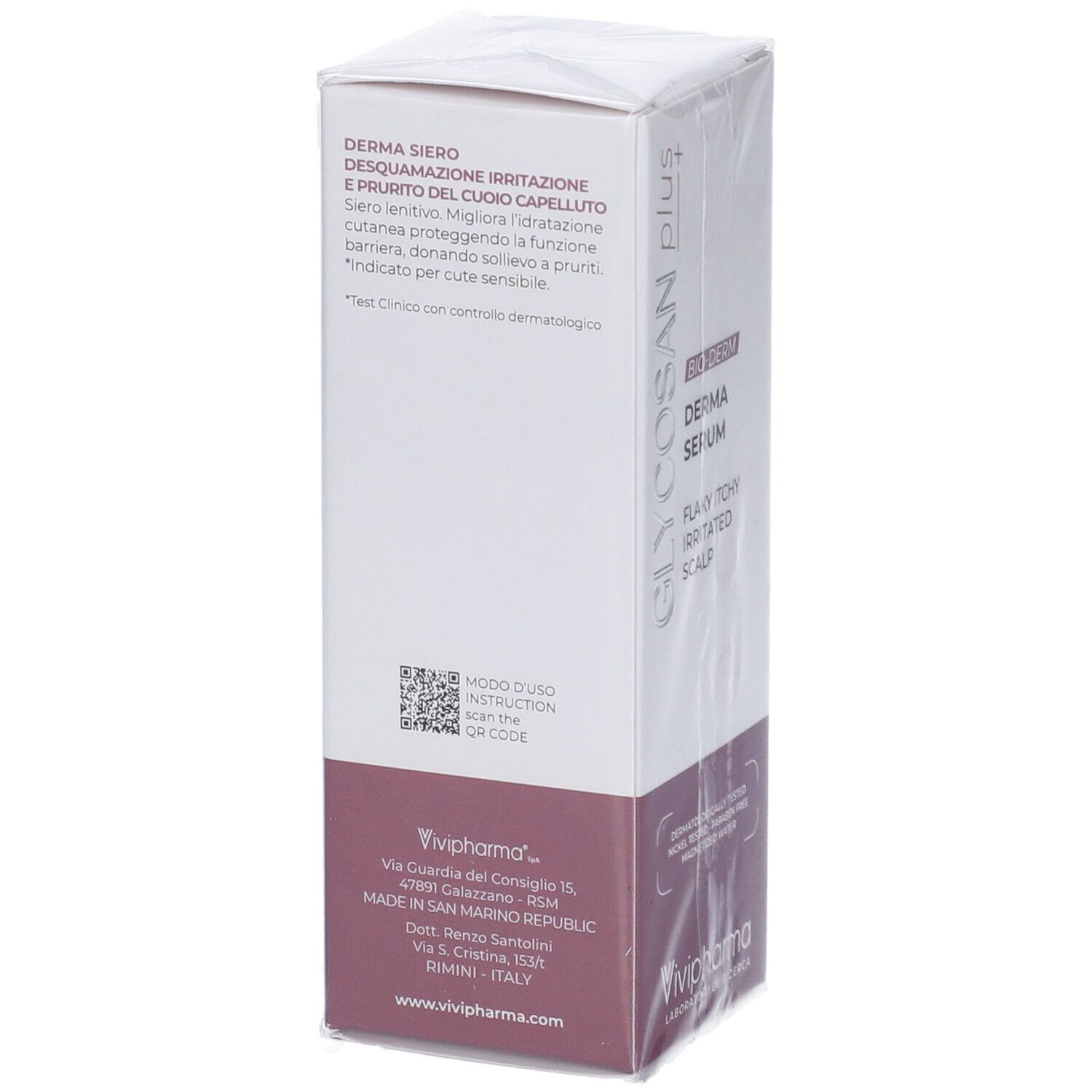 Confezione in cartone. Scritta: GLYCOSAN plus, BIO-DERM, Derma Siero. Codice QR. Marchio: Vivipharma.